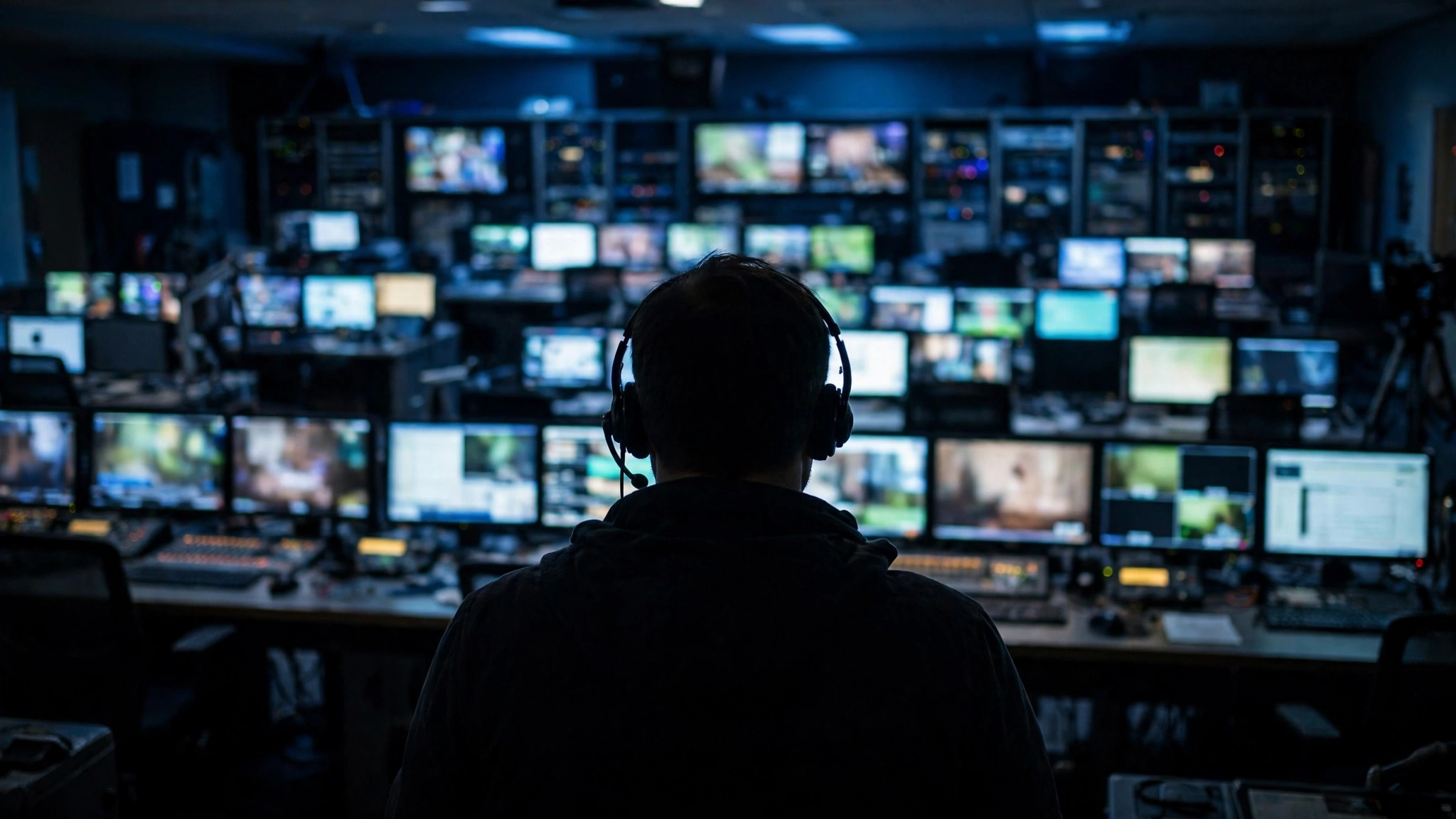 A person wearing a headset seen from behind in a television control room with rows of monitors