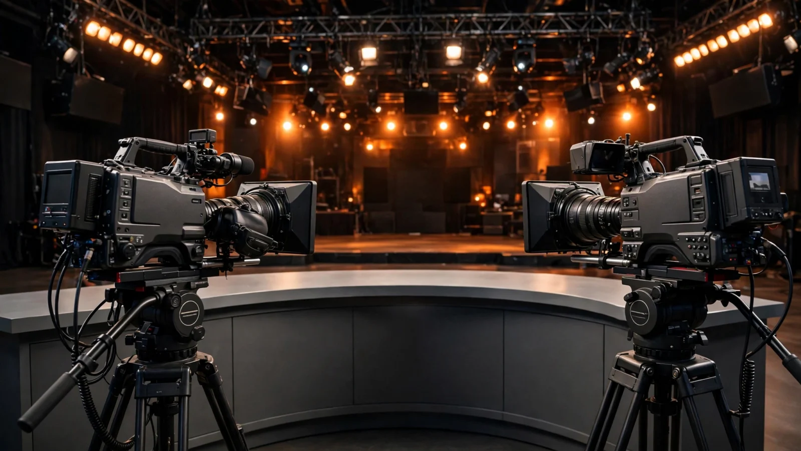 Two television cameras pointed at an empty curved studio desk under warm studio lights