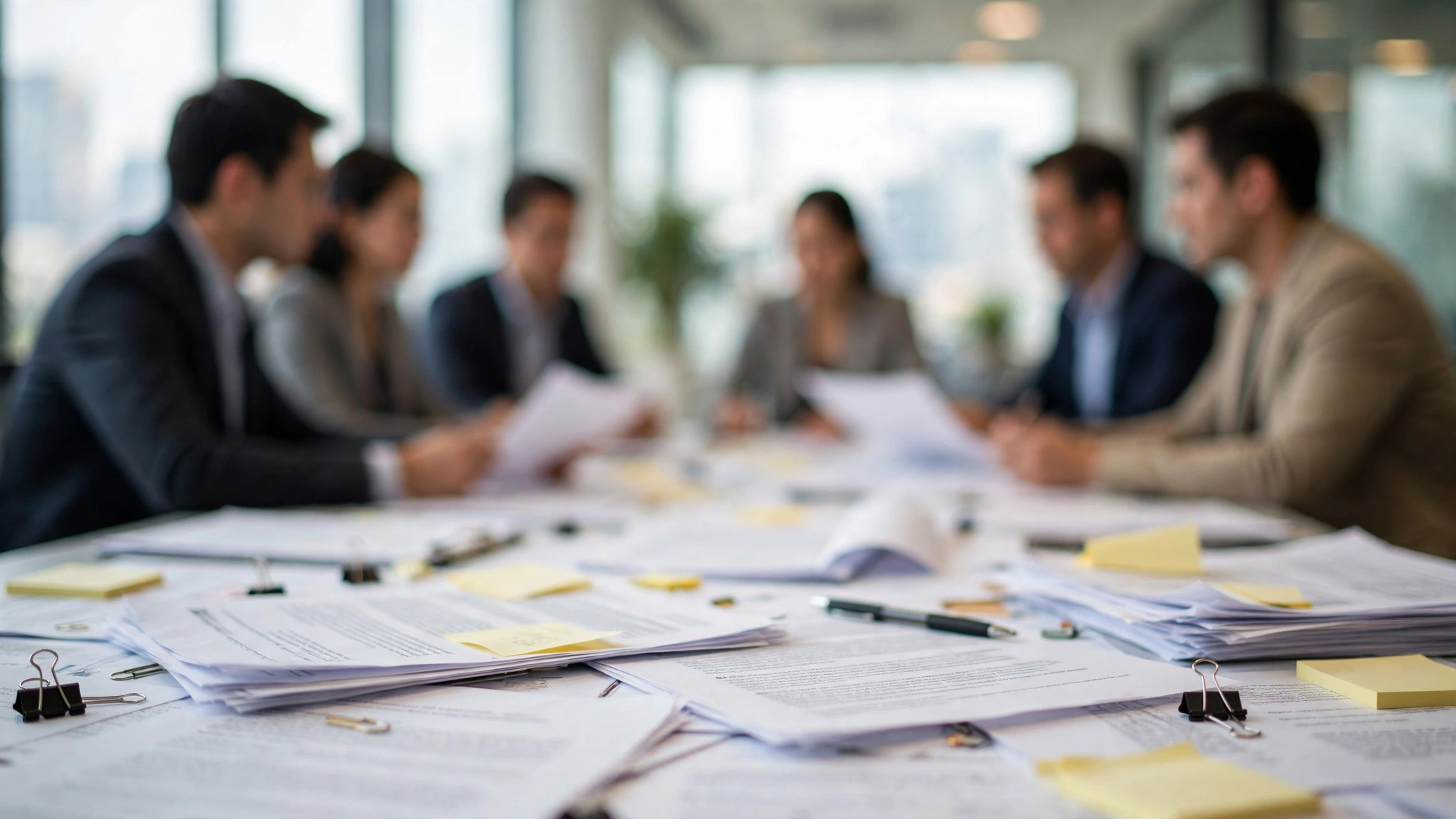 Business people sitting around a conference table reviewing paperwork in a bright office