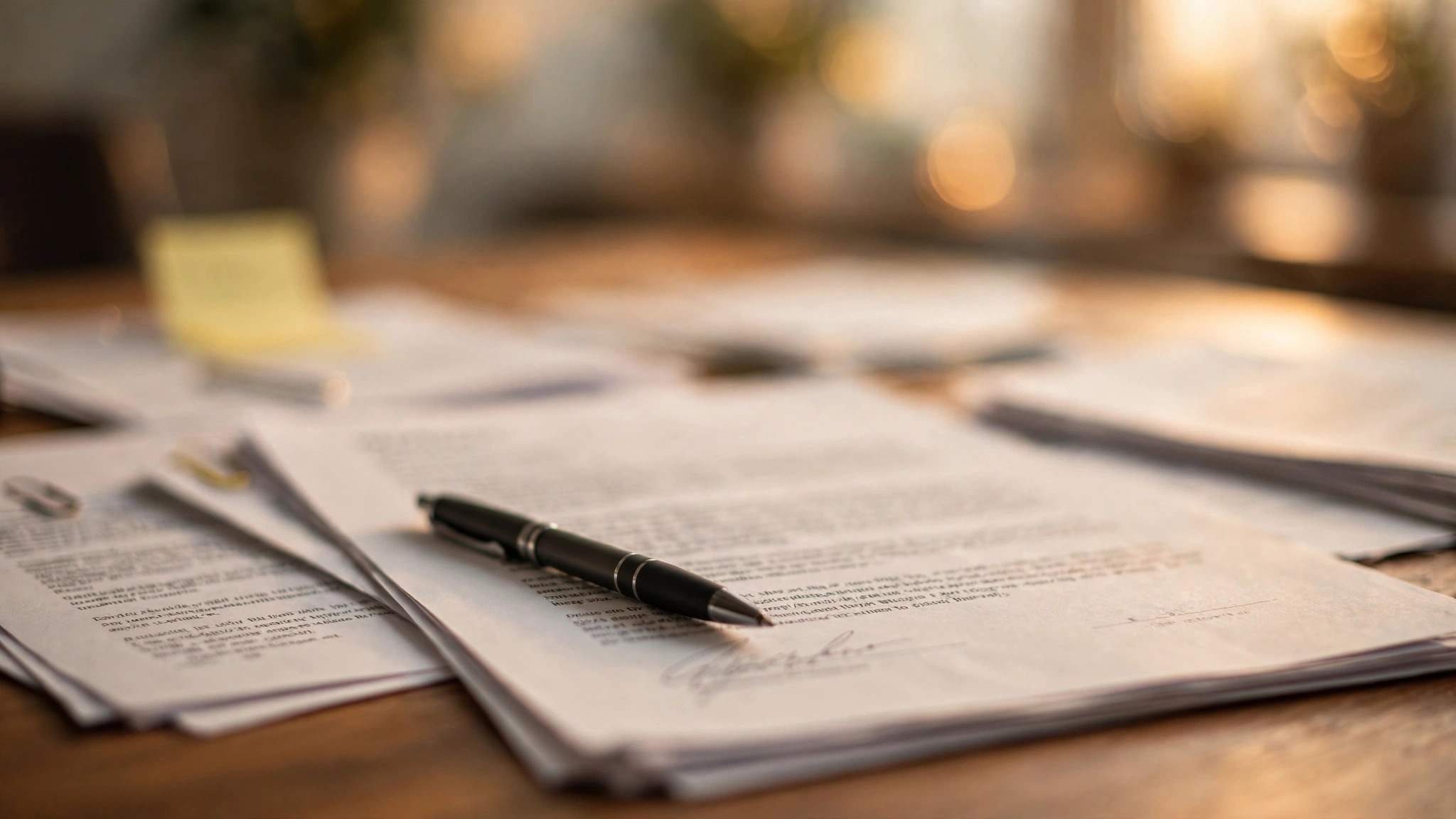 A pen resting on paperwork with a signature on a wooden desk, text out of focus