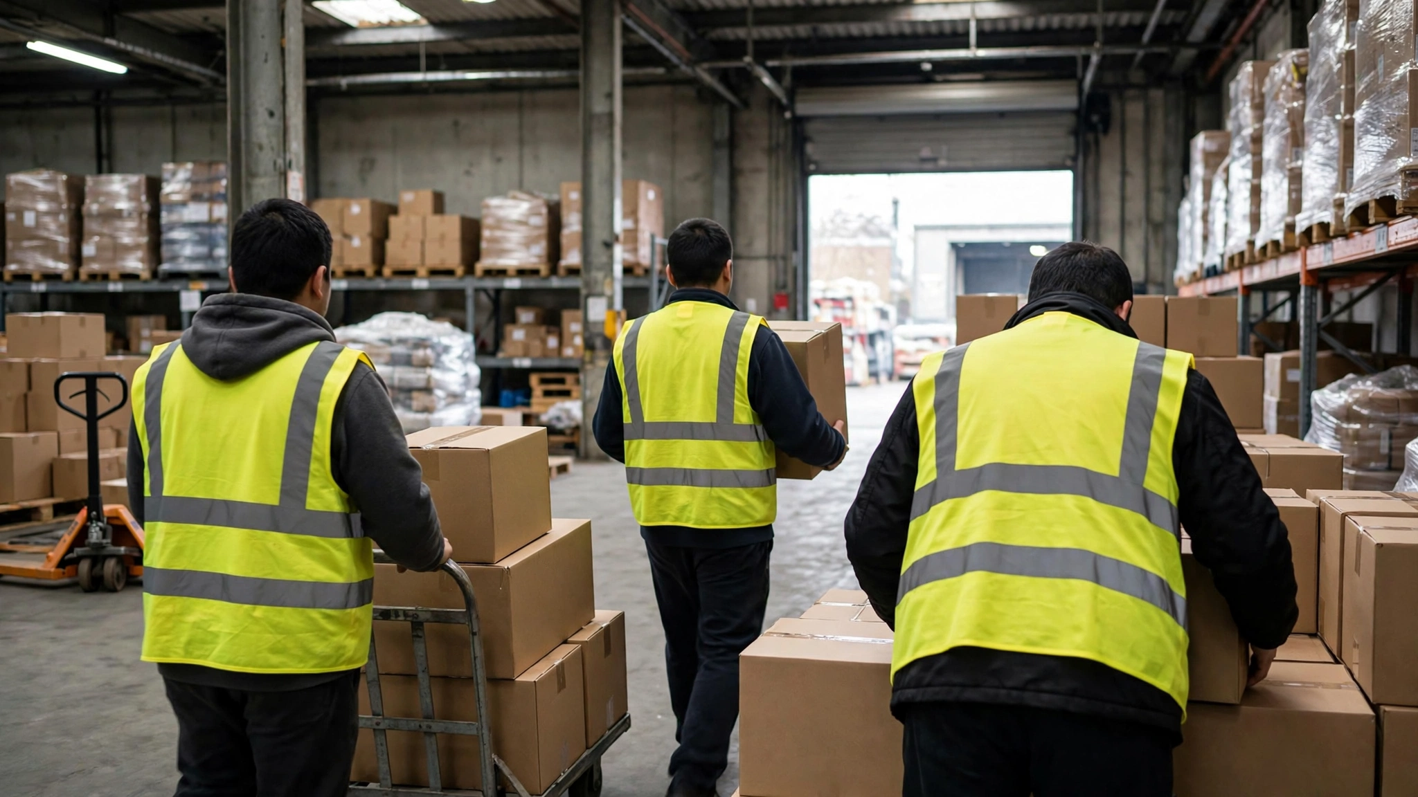 Workers in yellow safety vests moving cardboard boxes inside a warehouse