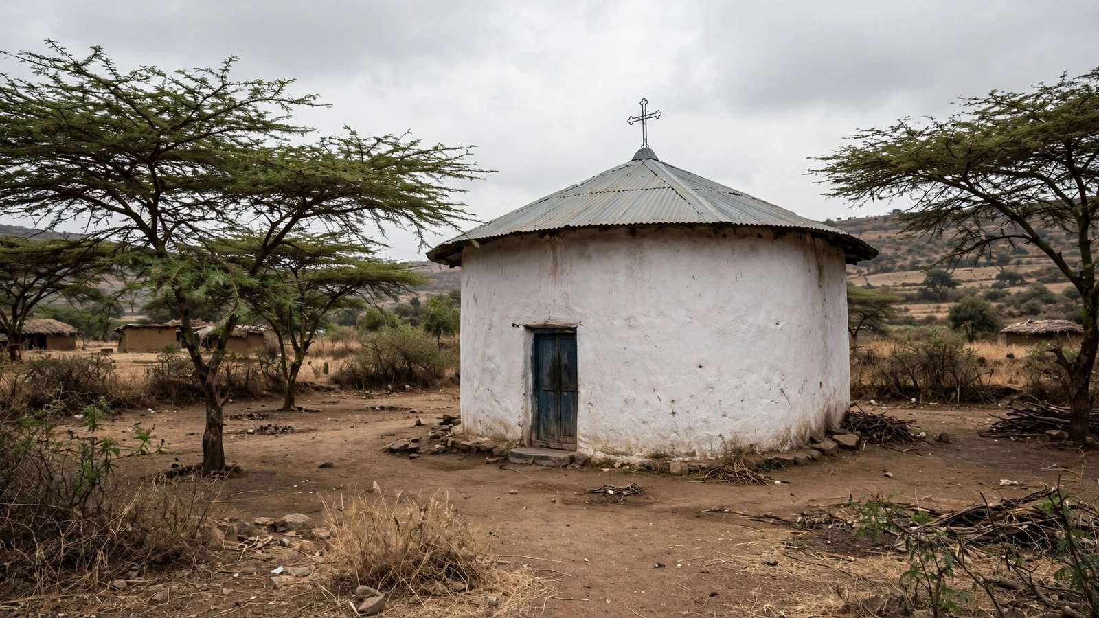 A round whitewashed church building with a metal roof and a cross on top, standing in a dry dirt courtyard with acacia trees