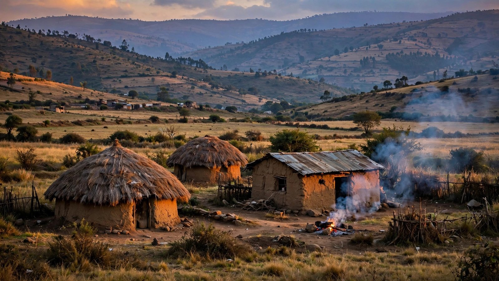 Round thatched-roof huts and a mud-brick house beside a small cooking fire at dusk in rolling countryside