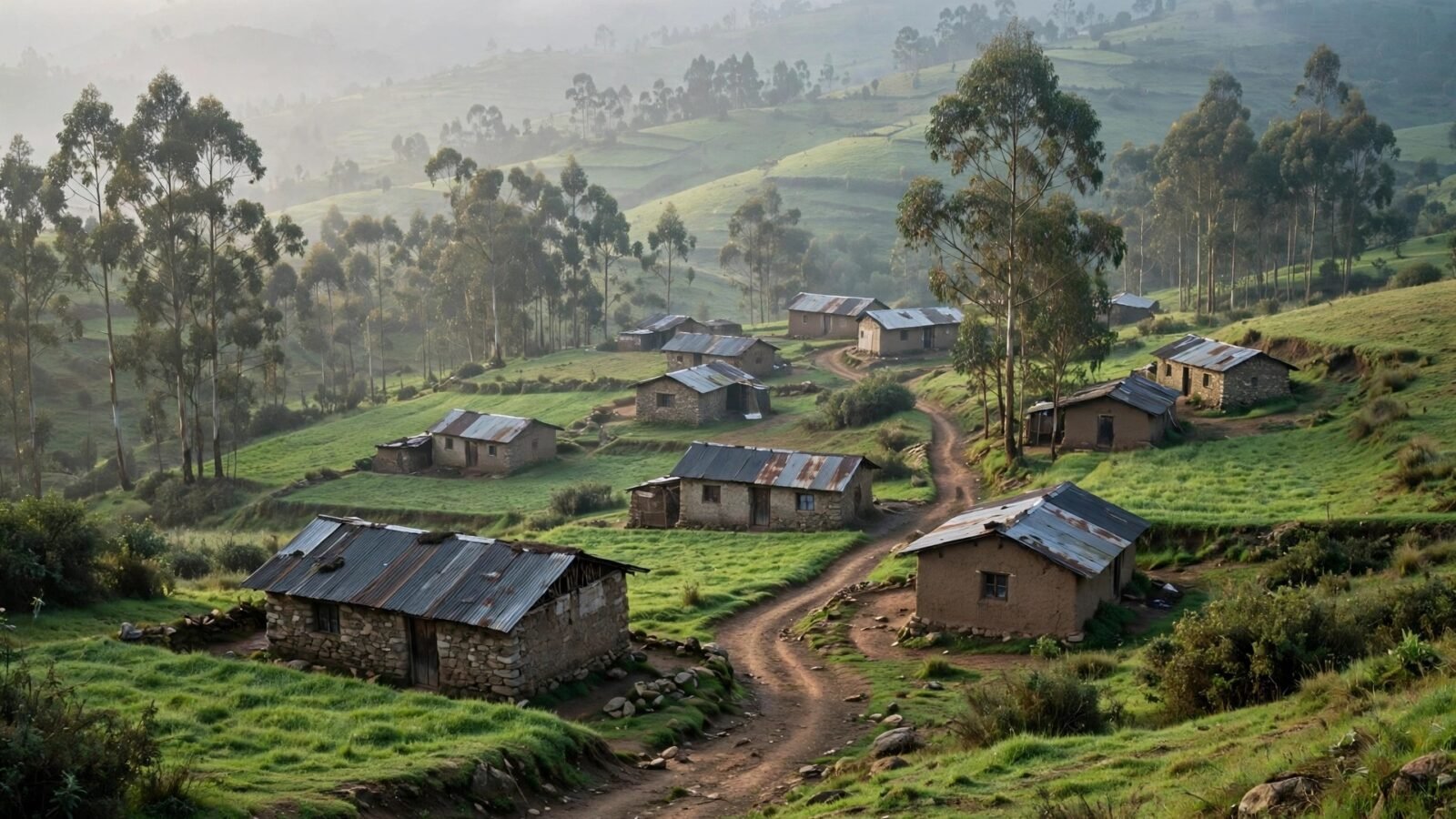 Small stone houses with corrugated metal roofs along a dirt road in green rolling hills