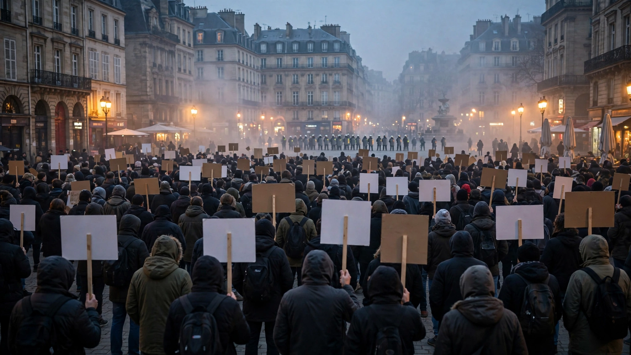 A large crowd holding blank signs in a European city square at dusk, facing a line of police officers in the distance