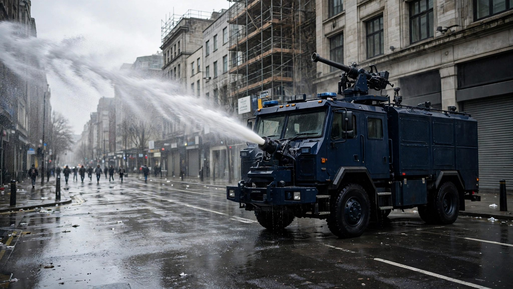 A police water cannon truck spraying water across a wet city street