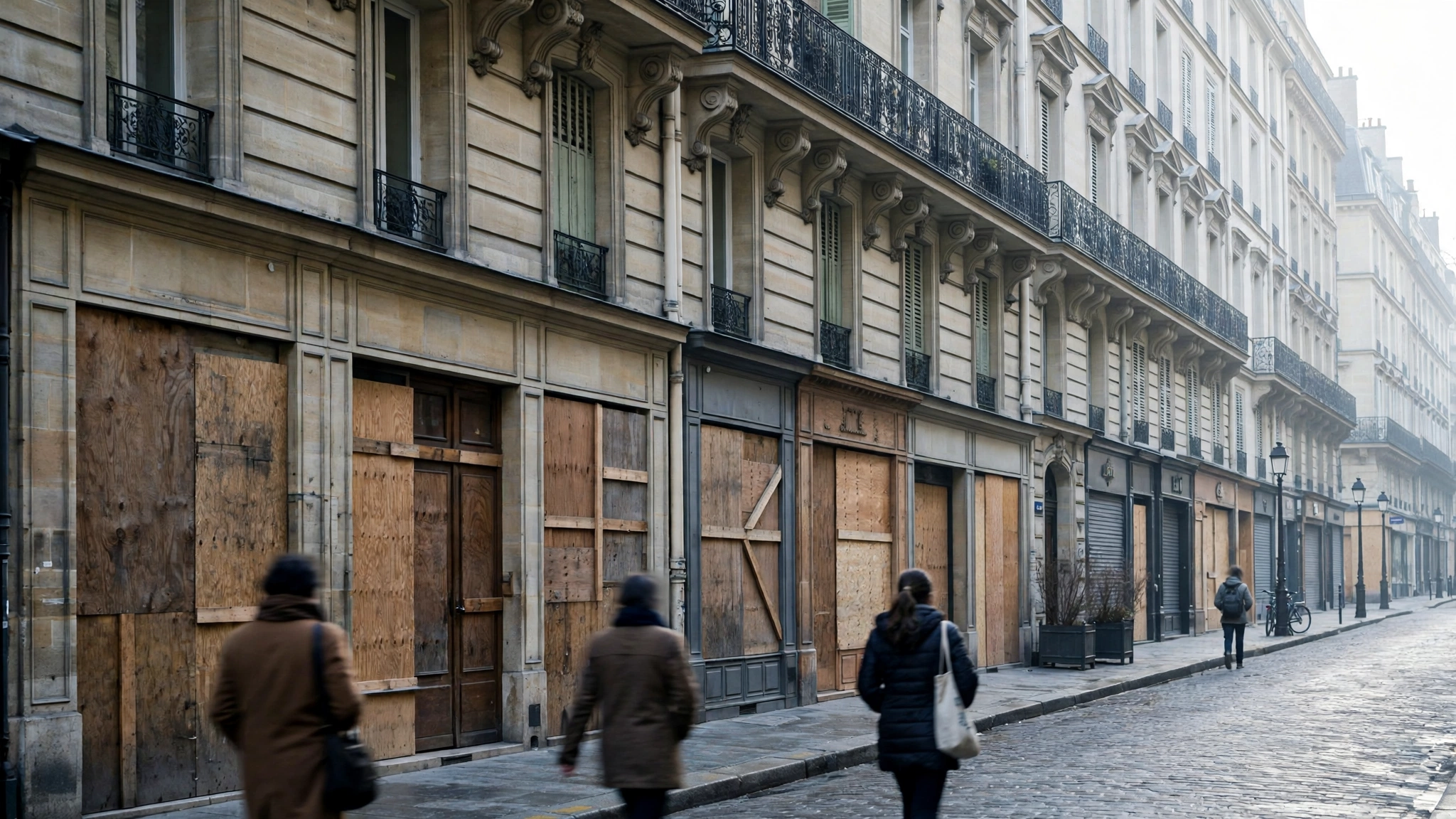 Shopfronts covered with wooden boards along a quiet European shopping street, with pedestrians walking past
