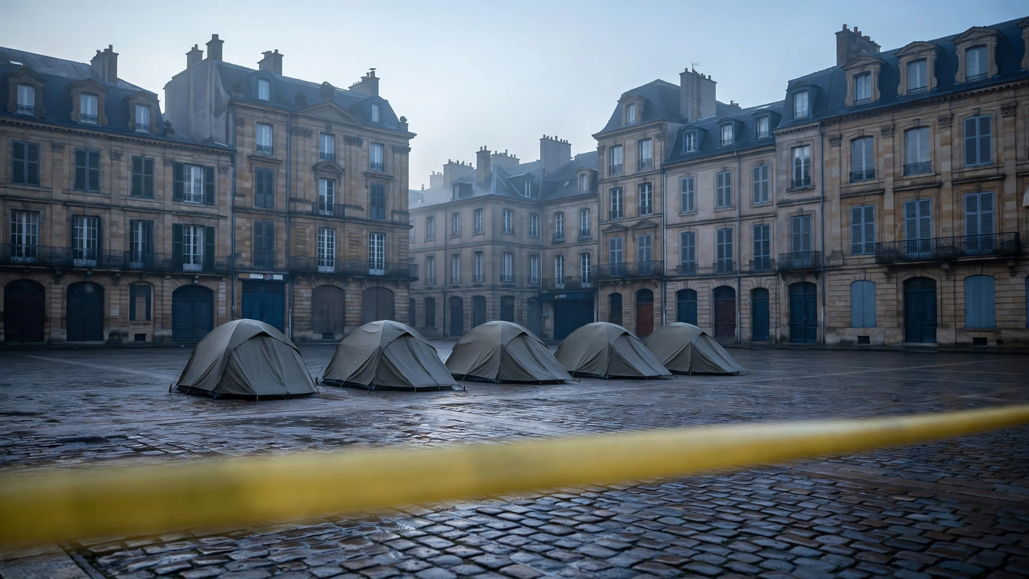 A row of tents in a paved city square at dawn, behind a strip of yellow police tape
