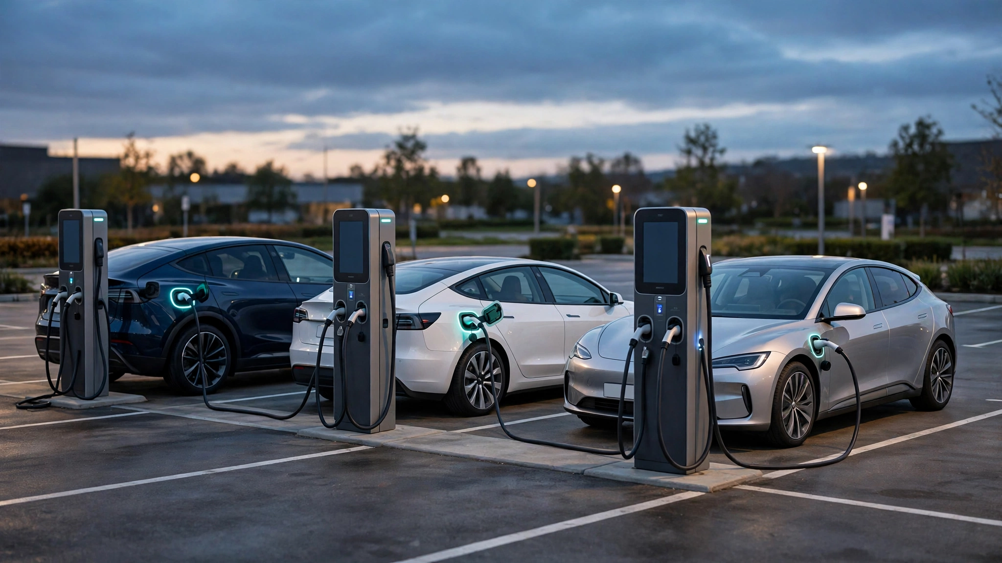 Three electric cars connected to fast chargers in an outdoor parking lot at dusk