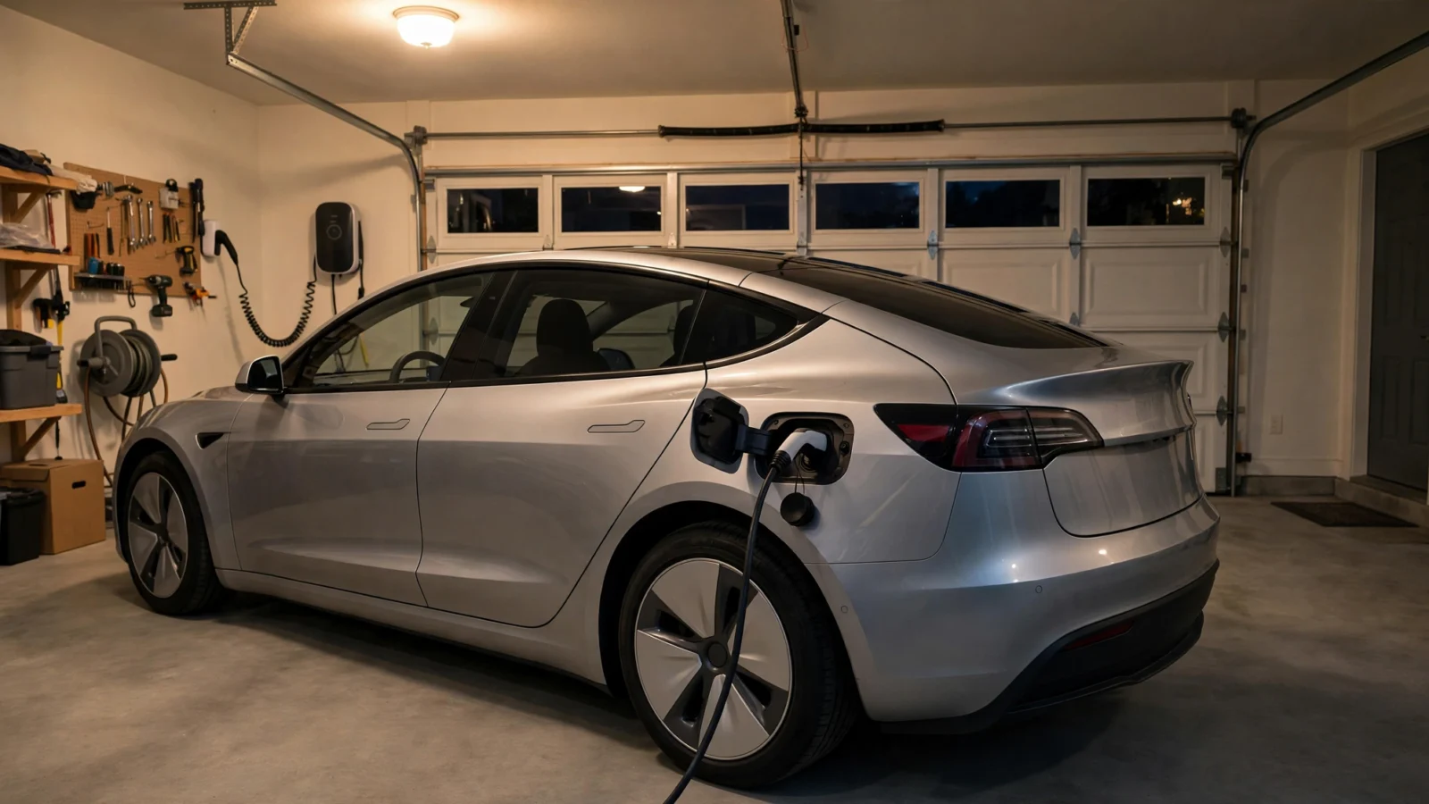 A silver electric car plugged into a wall charger in a residential garage at night