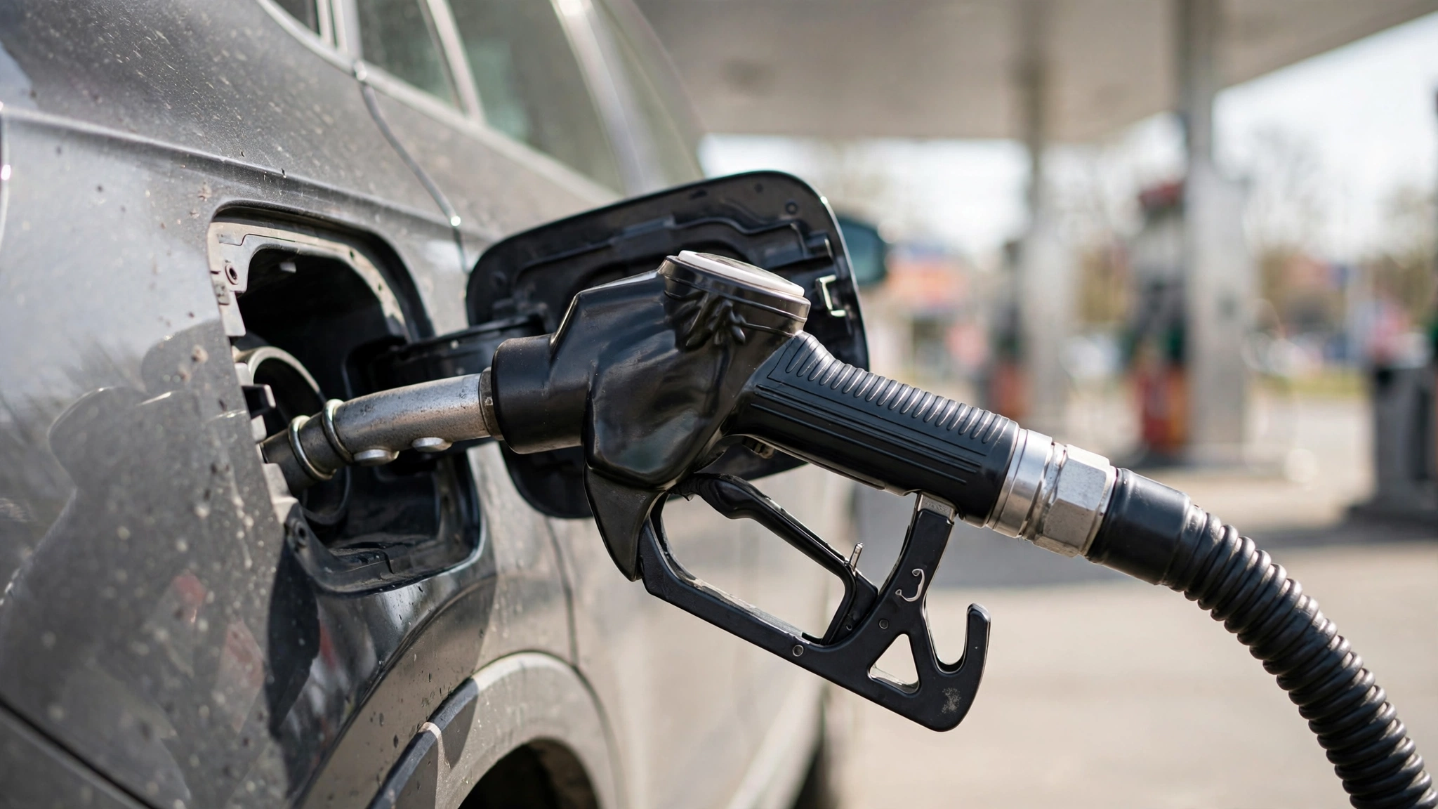 A fuel nozzle inserted into a car's gas tank at a gas station in daylight