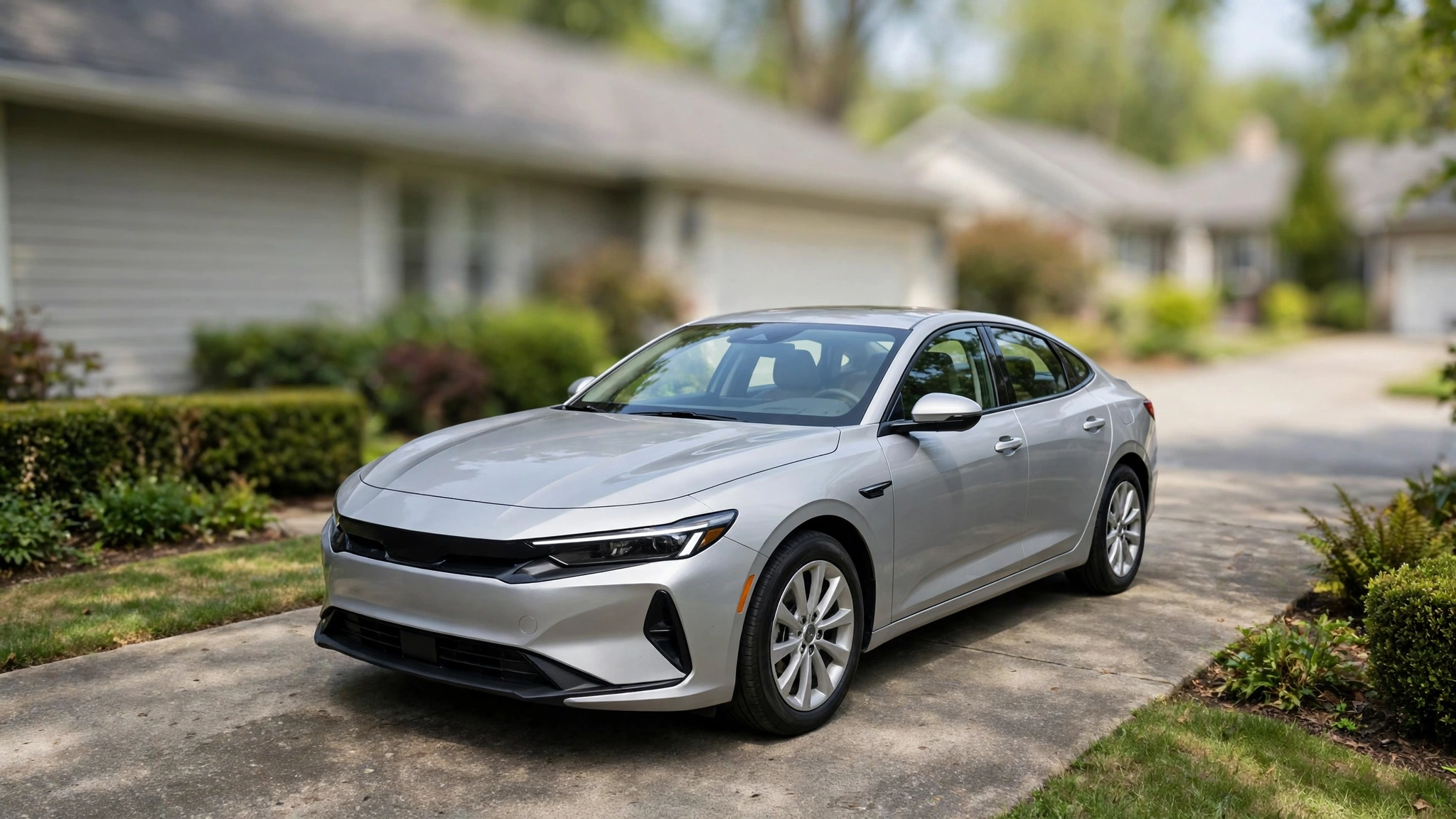 A silver hybrid sedan parked on a suburban driveway in daylight