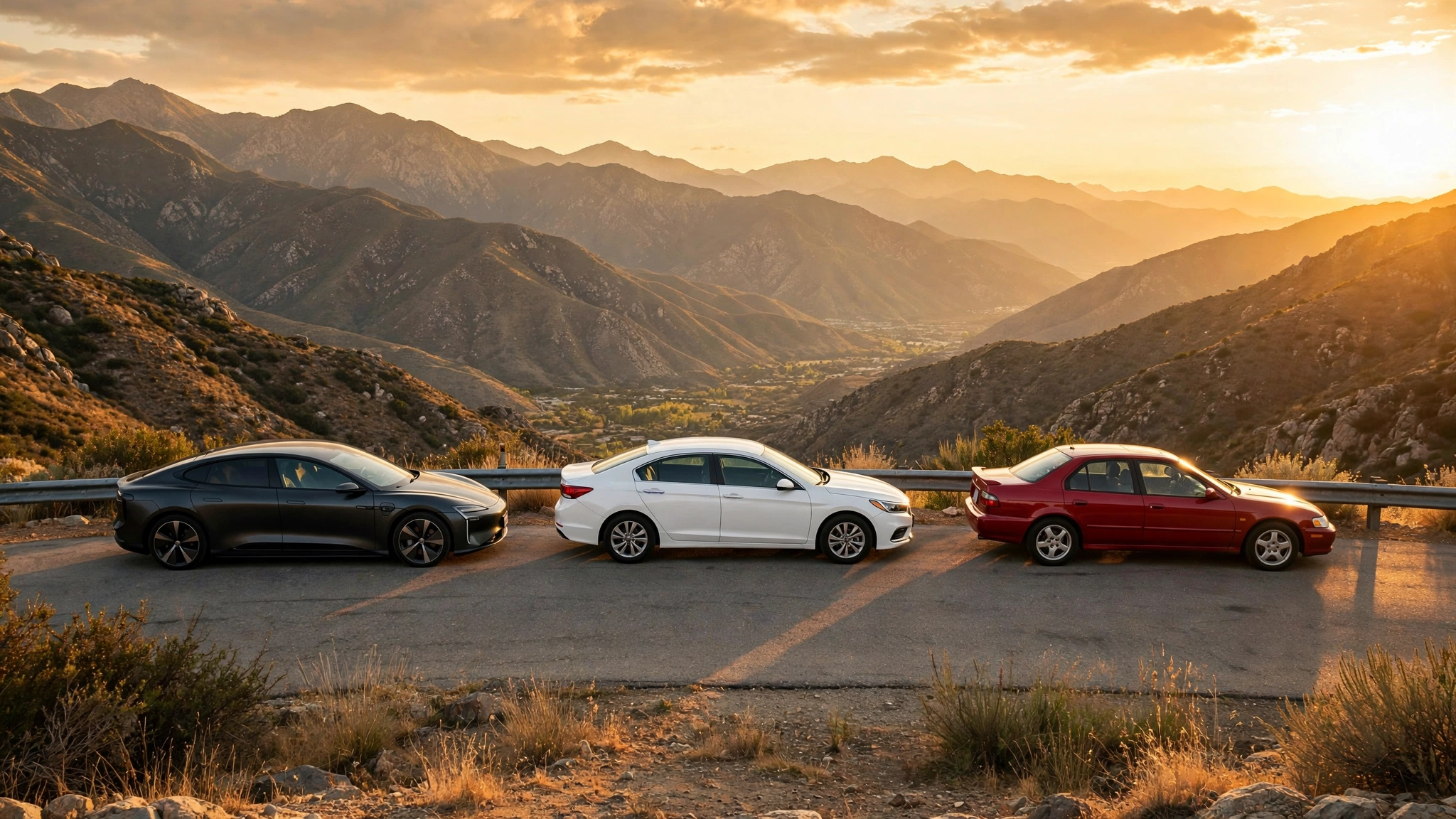 A dark car, a white car, and a red car parked side by side at a mountain highway overlook at sunset