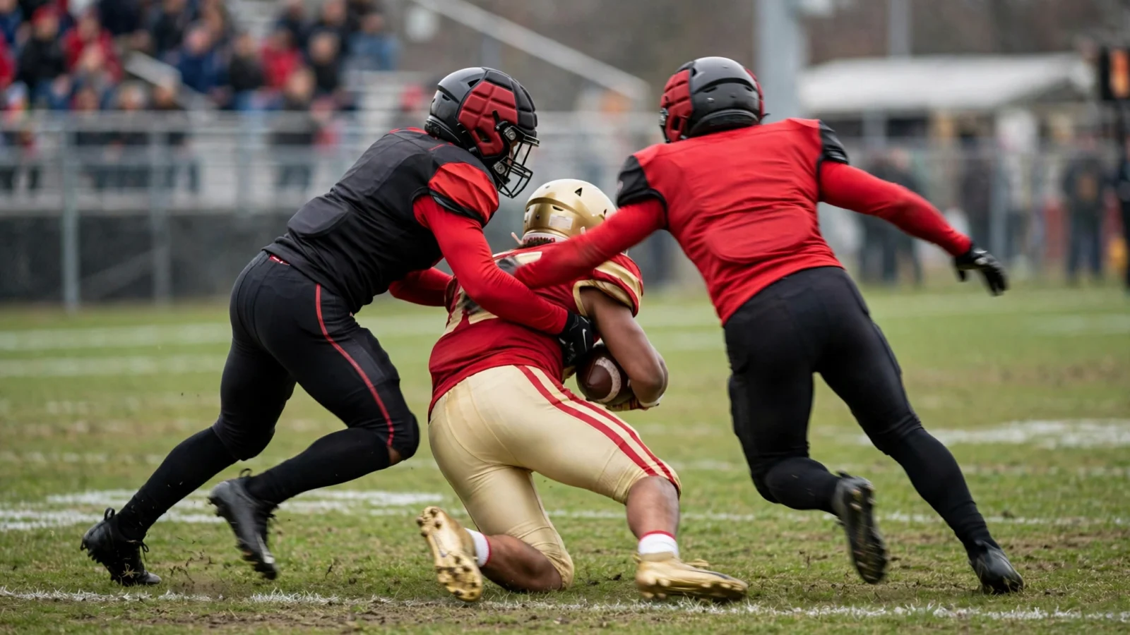 Two defenders in black and red uniforms tackle a ball carrier in a red and gold uniform on a grass field.