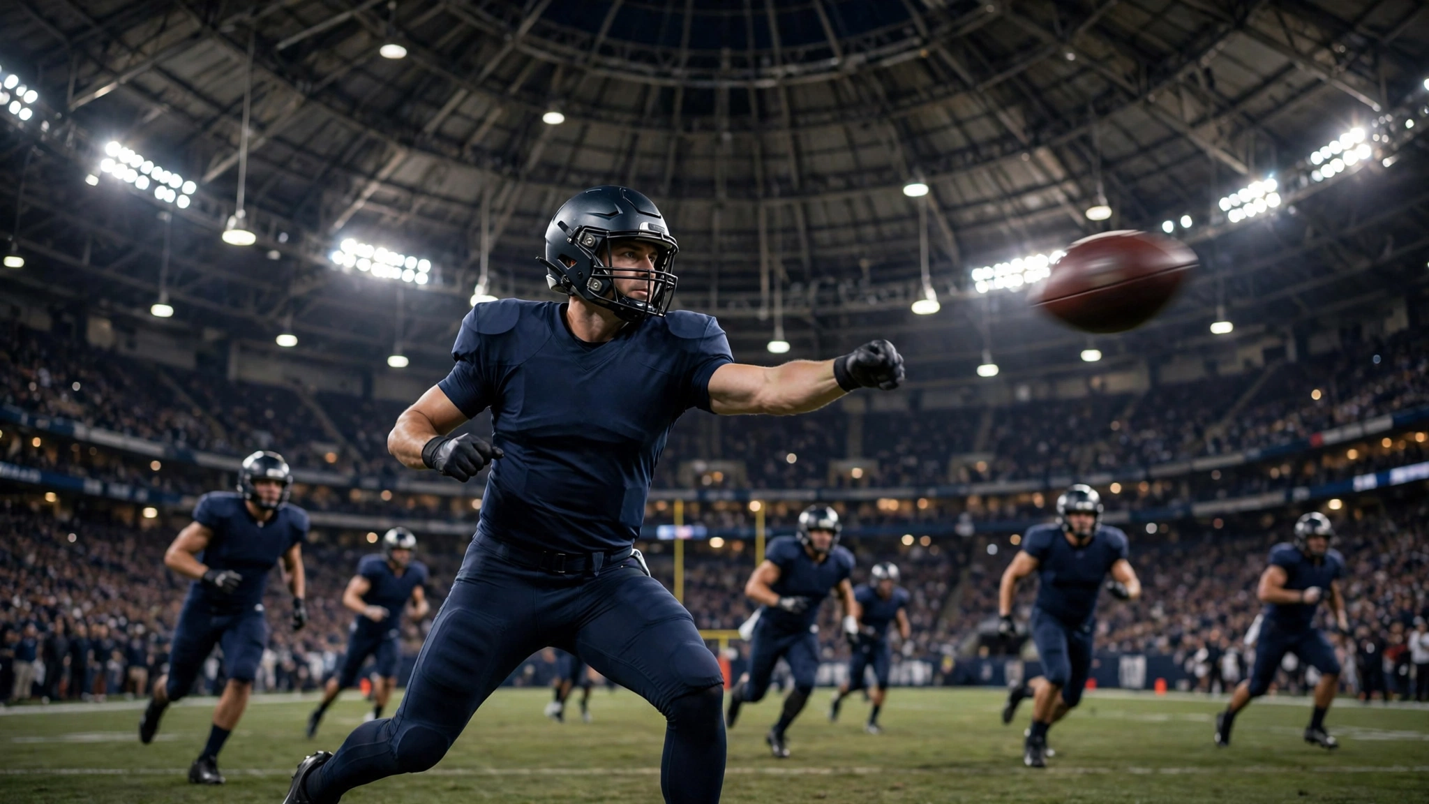 A quarterback in a dark uniform throws a football inside a large domed stadium.