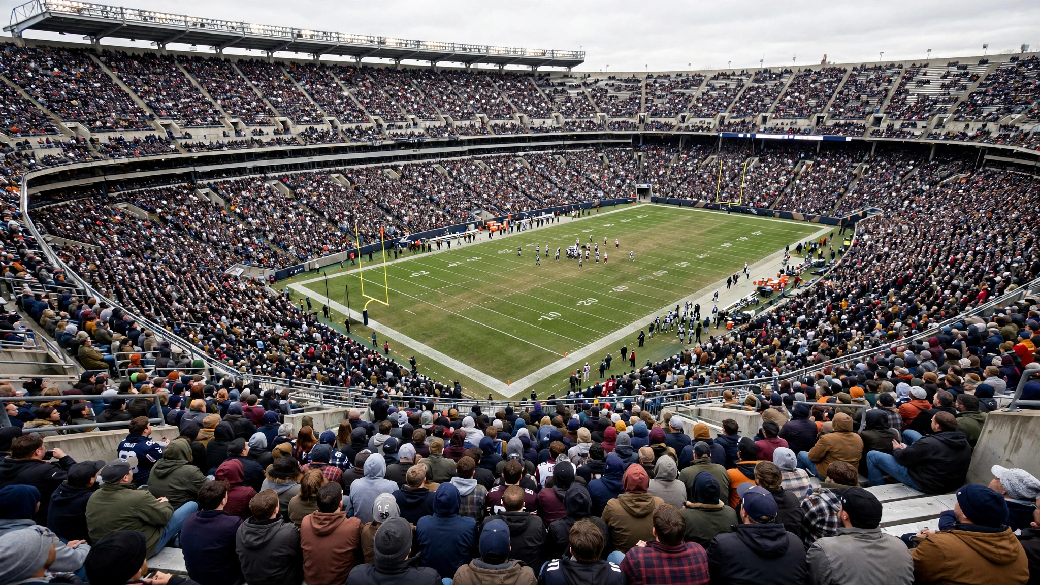 A crowded football stadium with fans in the stands surrounding a green field.