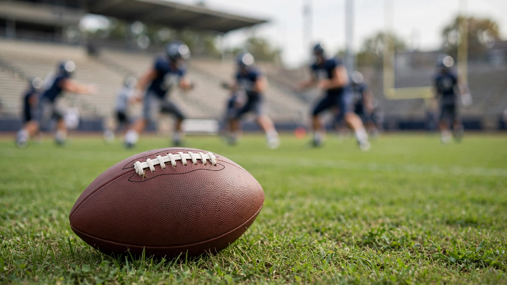 An American football rests on grass with blurred players warming up in the background.