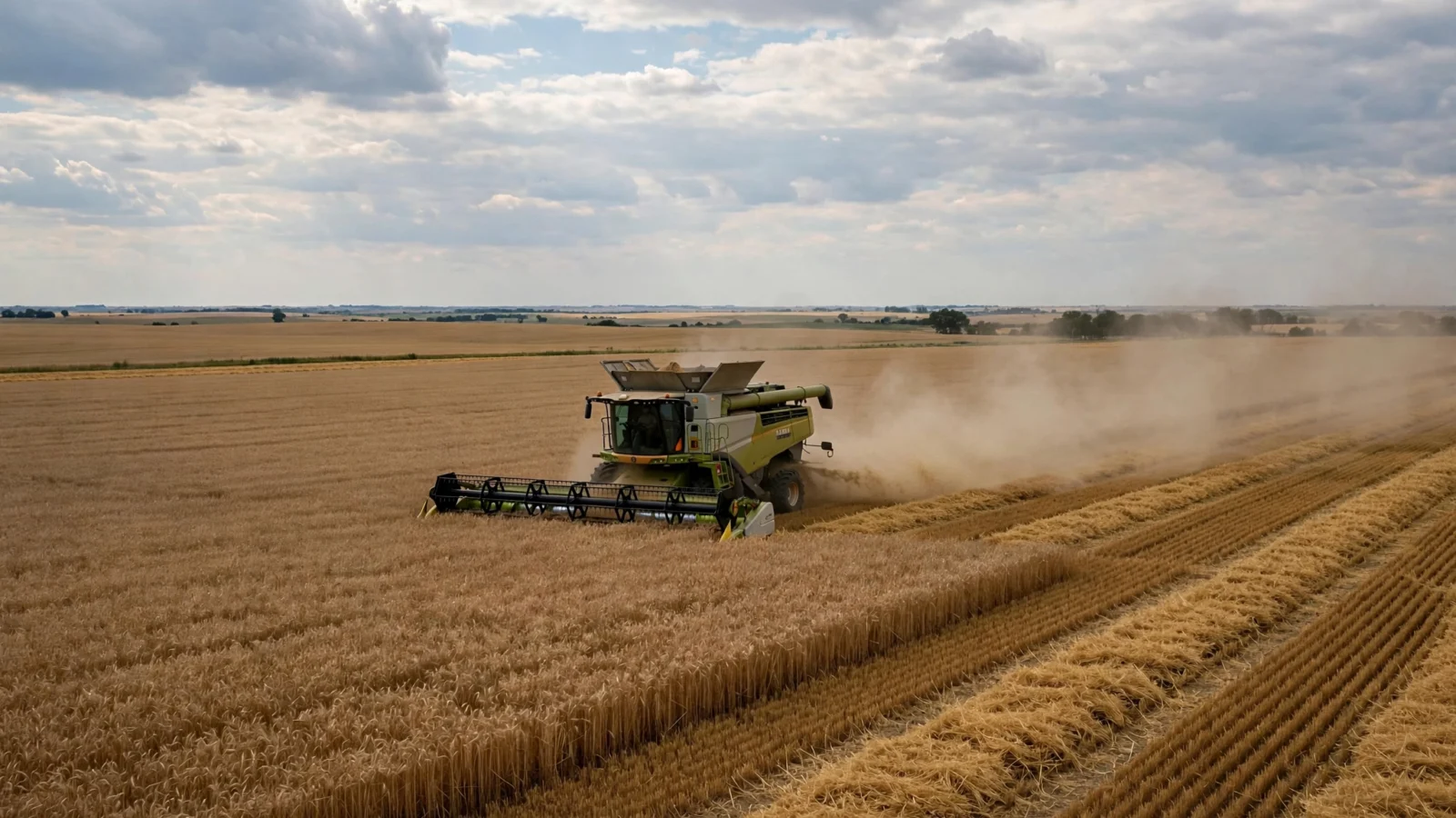 A combine harvester cutting through a golden wheat field at harvest time, dust rising behind it