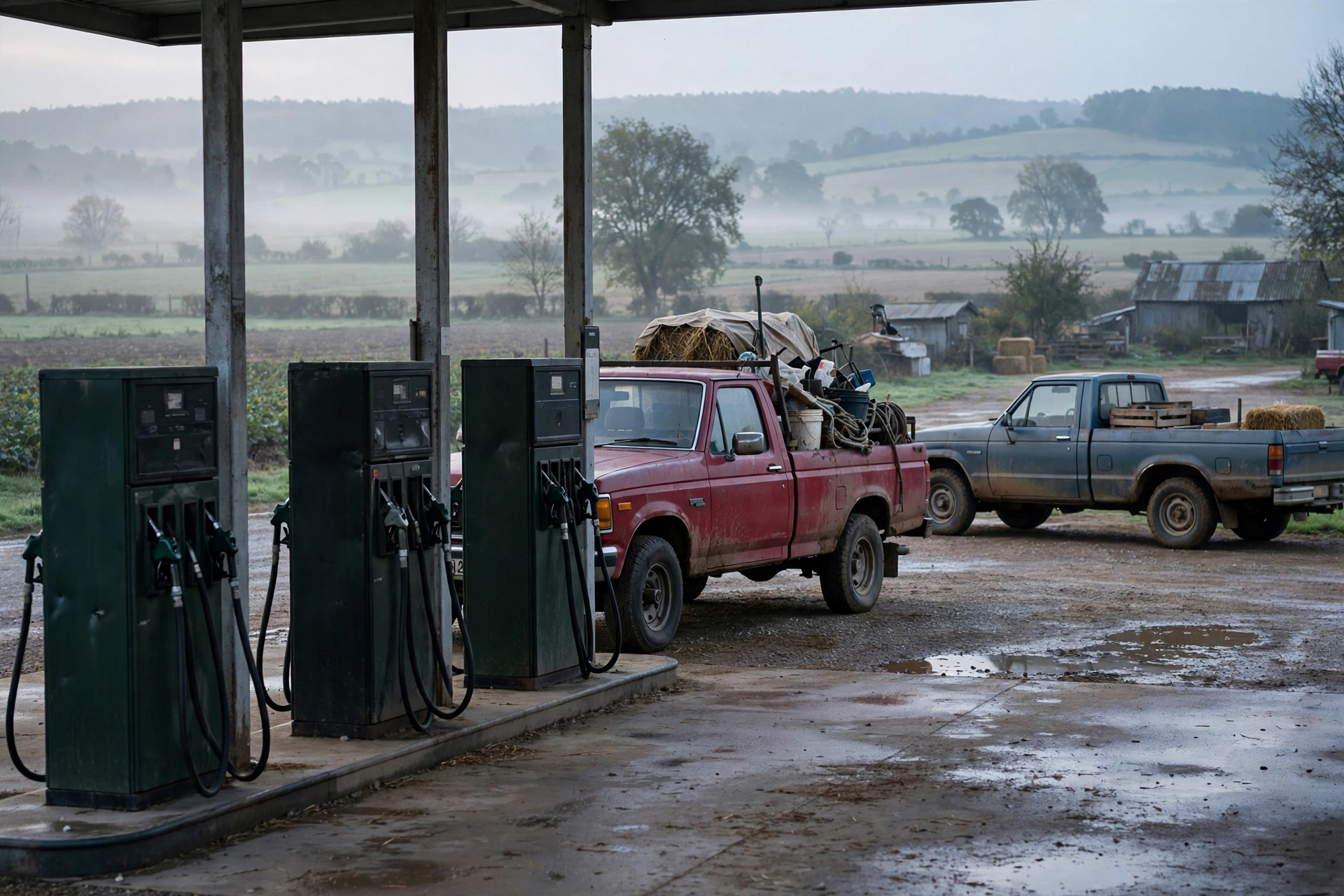 Diesel fuel pumps and farm pickup trucks at a rural gas station at dawn