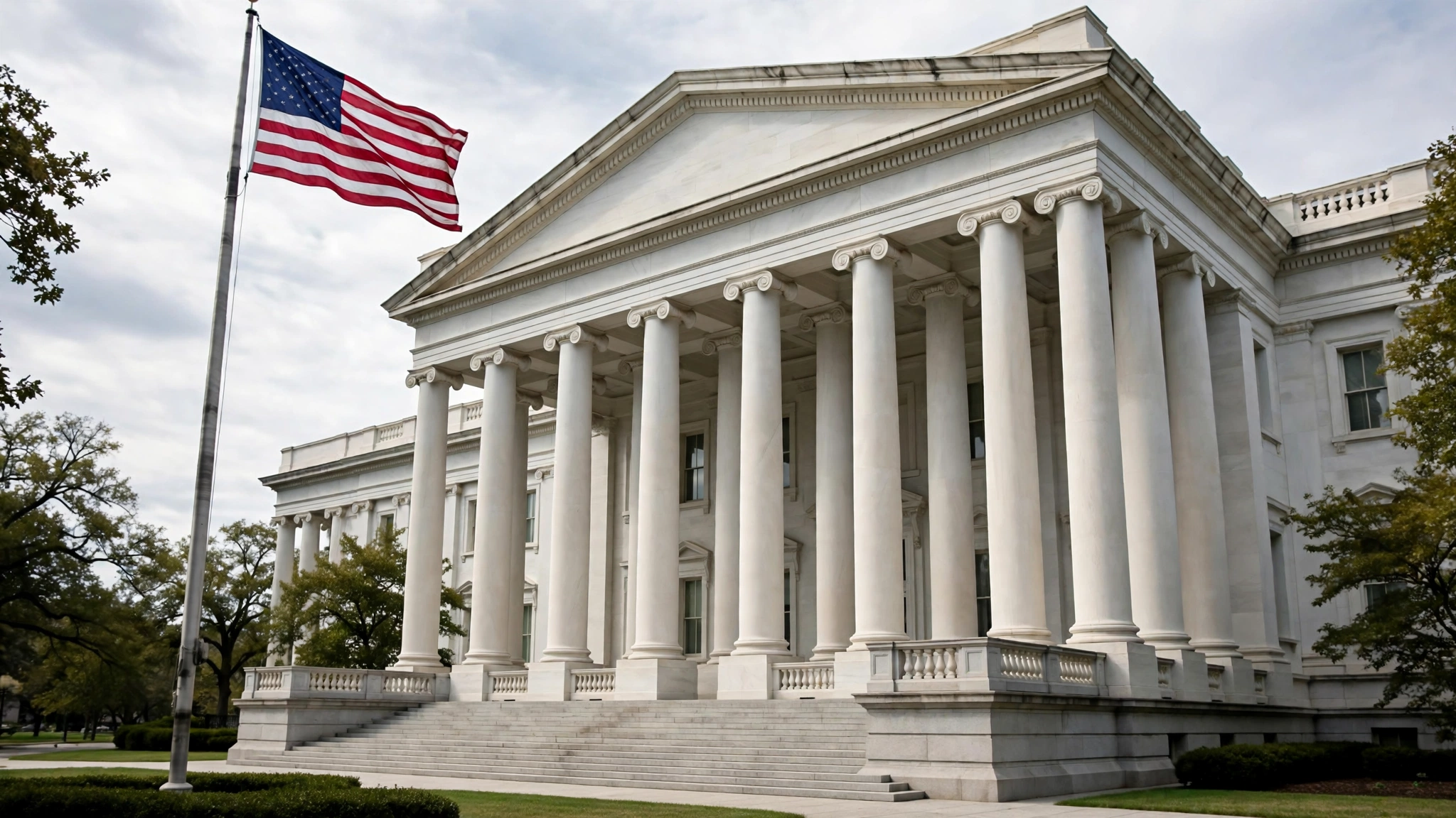 The columned facade of a white federal government building in Washington, D.C., with an American flag flying