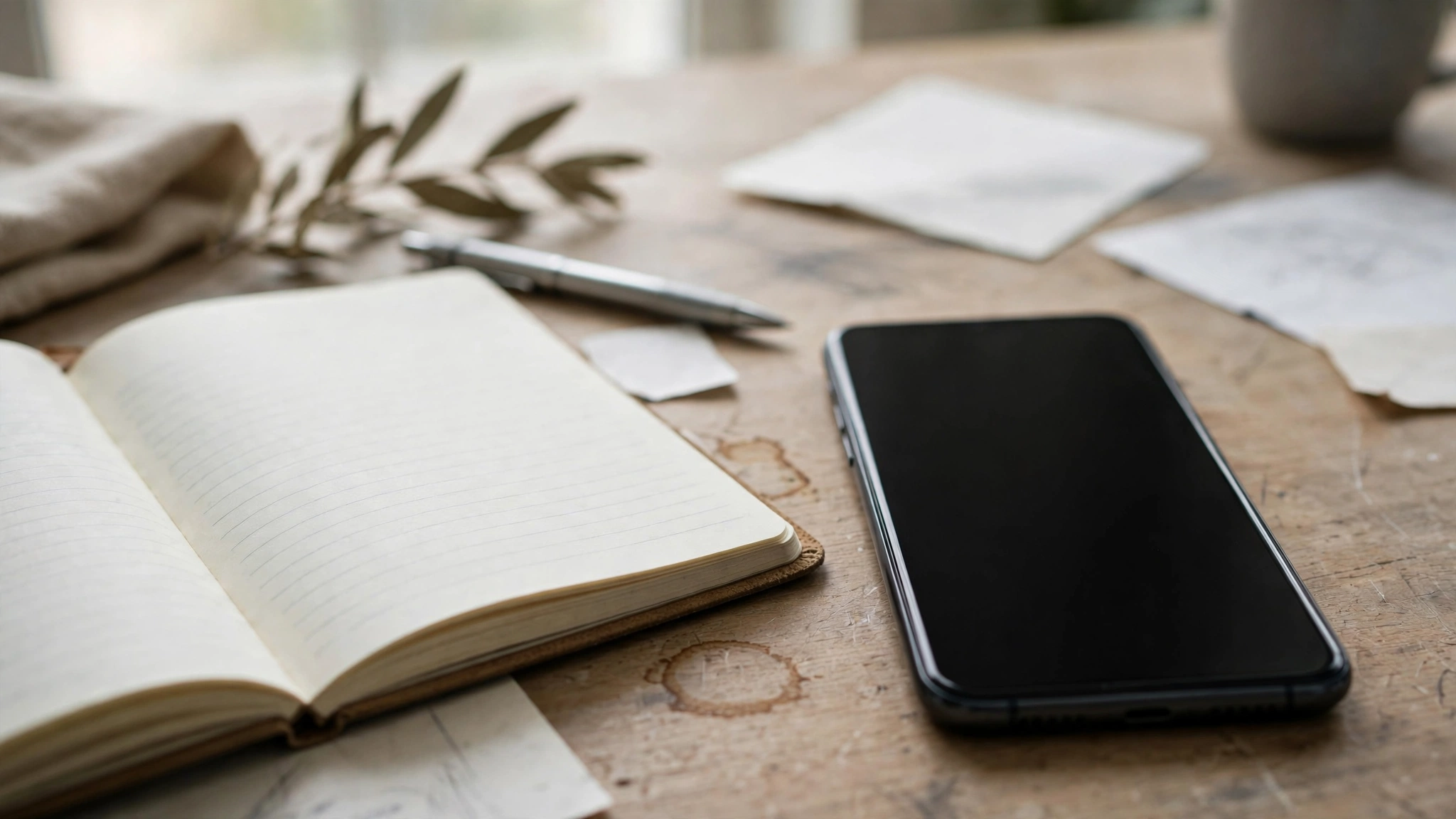A smartphone with a blank dark screen lying on a wooden desk next to an open notebook