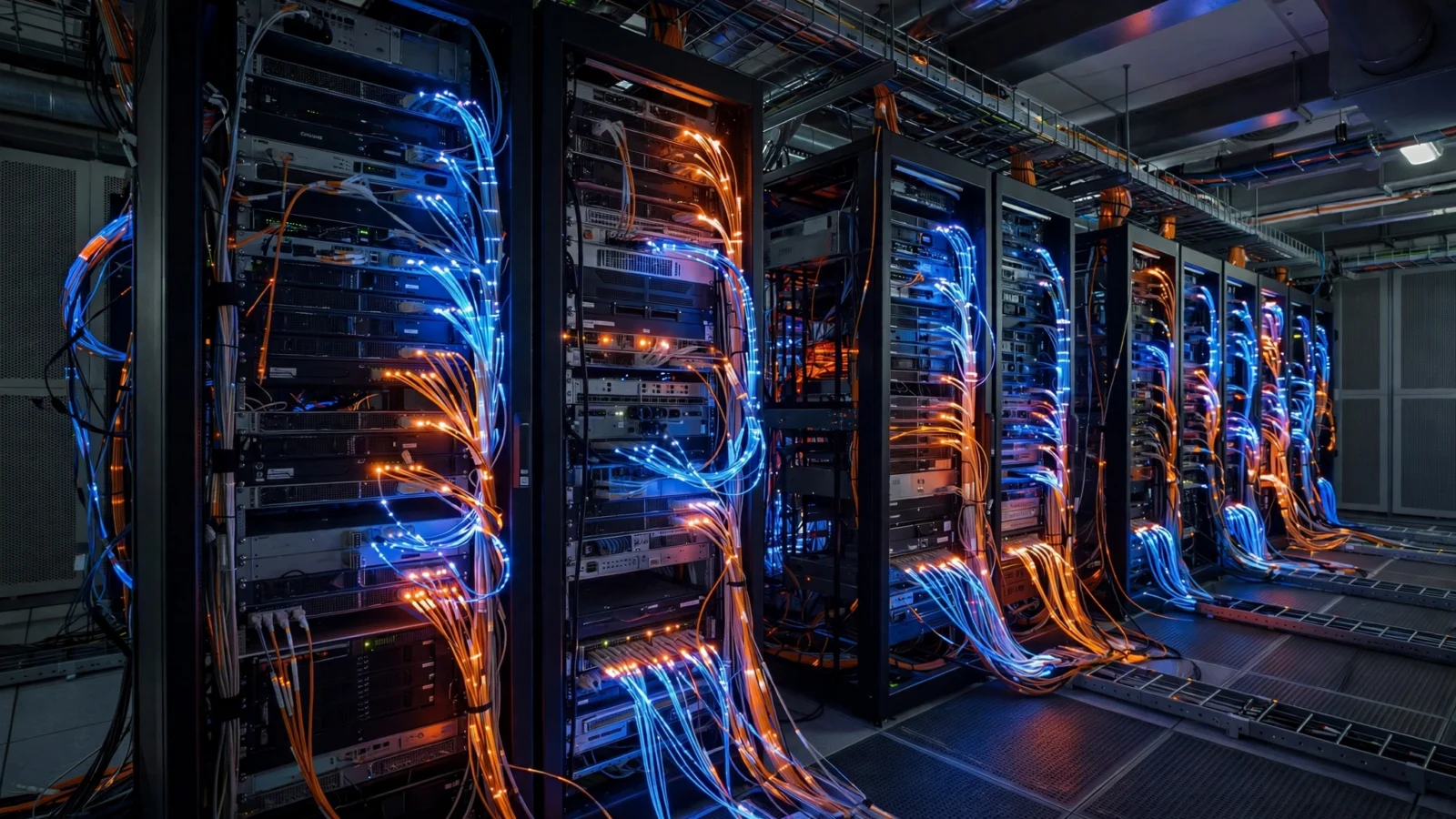 Rows of telecom server racks with bundles of blue and orange cables in a network room