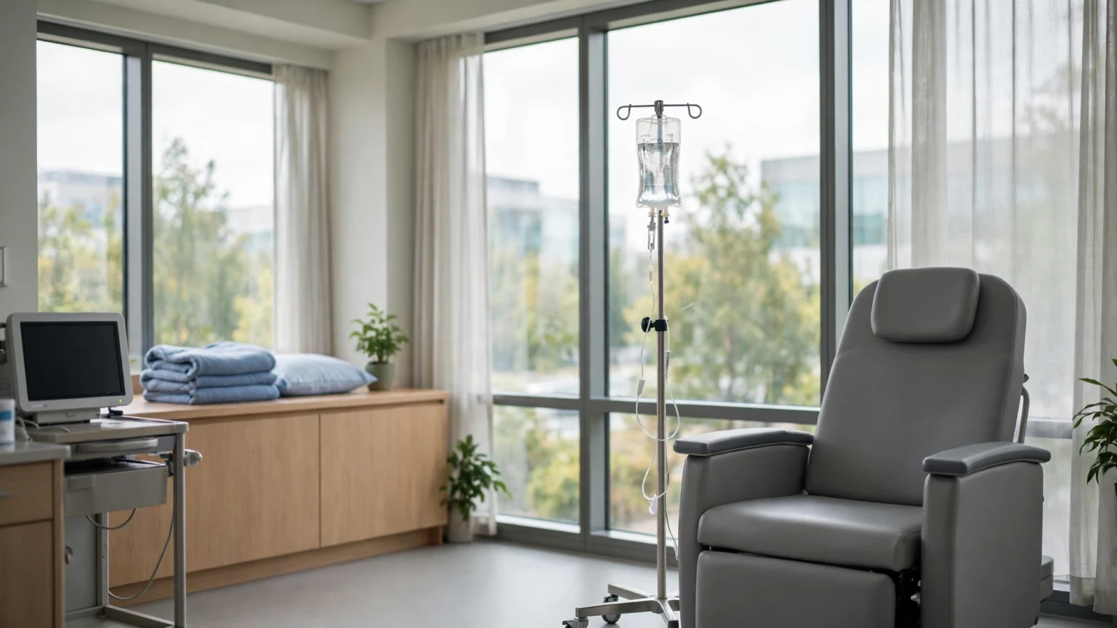 Empty infusion treatment chair beside an IV stand in a bright hospital room with large windows