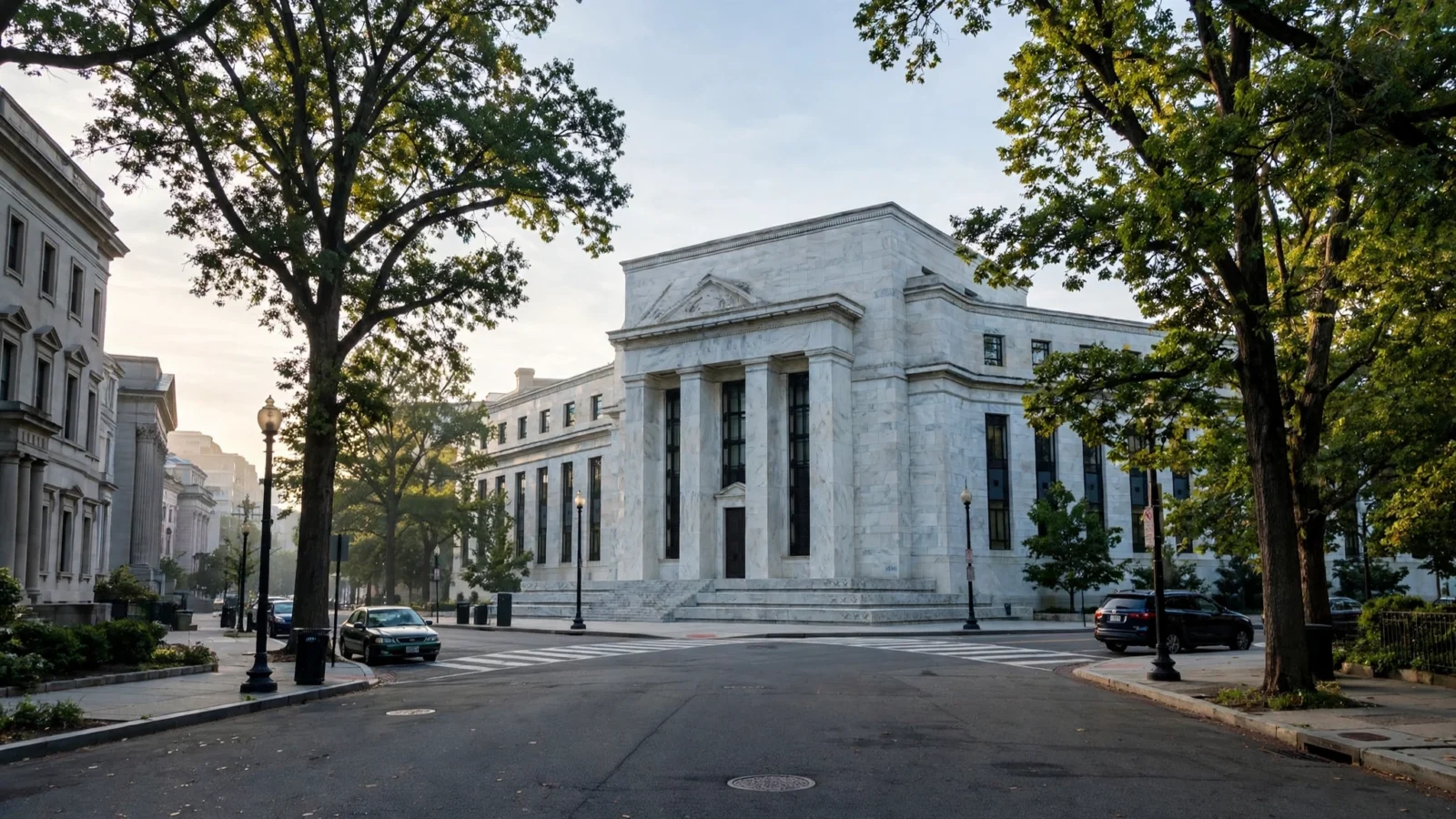 A white stone neoclassical central bank building with tall columns on a quiet Washington street