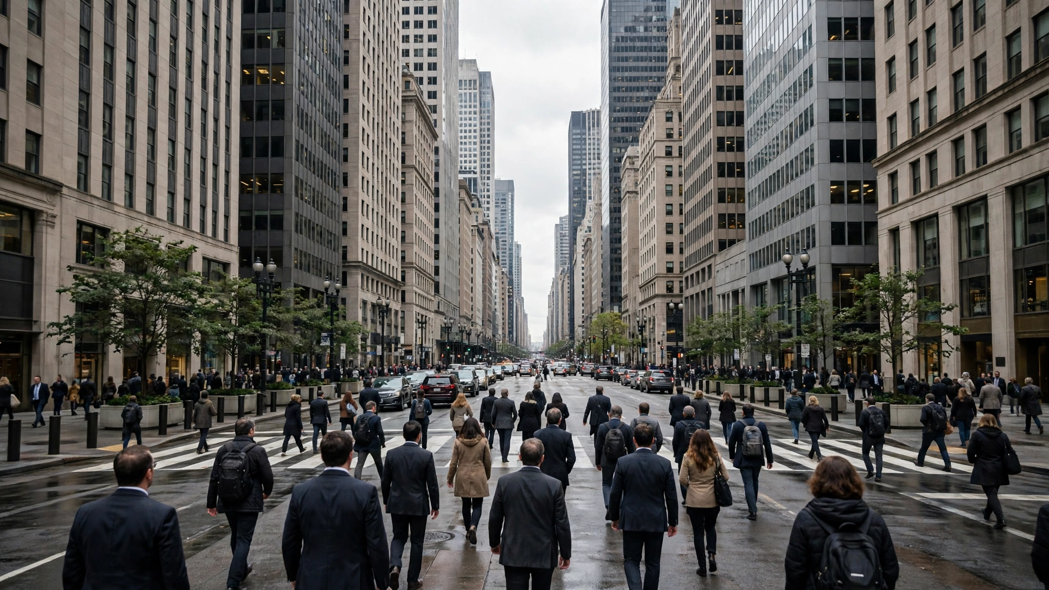 Pedestrians walking on a street lined with tall office buildings in a US financial district