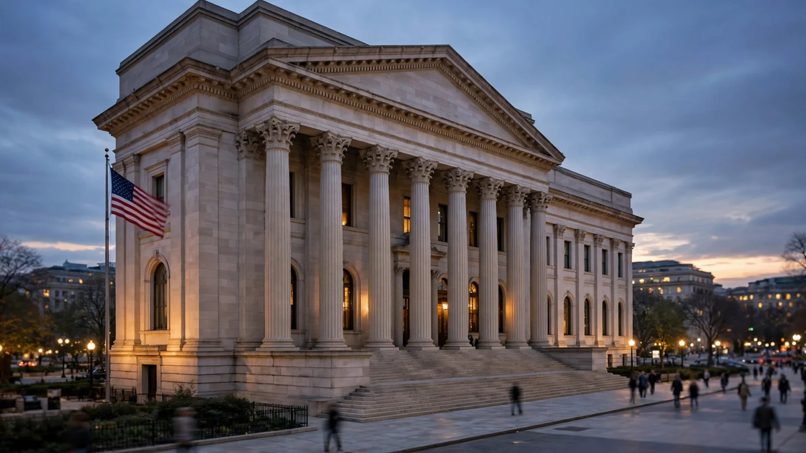 A neoclassical stone building with tall columns and an American flag in Washington at dusk, with pedestrians on the plaza