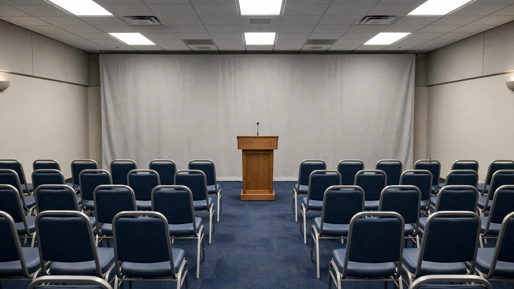 An empty press briefing room with rows of blue chairs facing a wooden podium