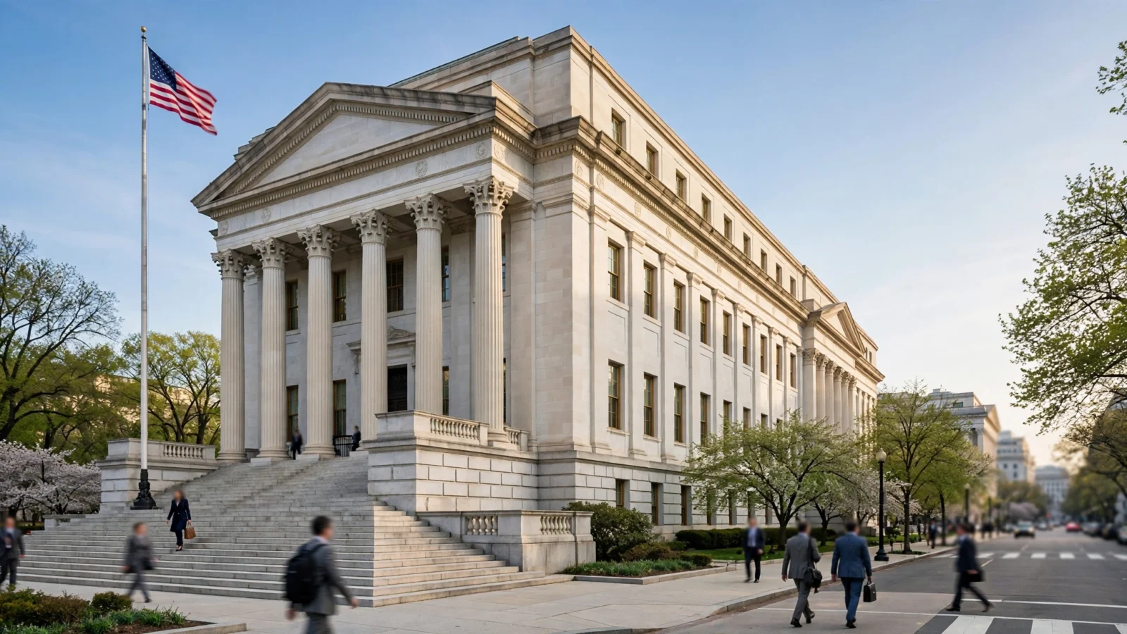 Exterior of a neoclassical central bank building with stone columns, steps and an American flag on a clear morning, with indistinct pedestrians on the sidewalk.