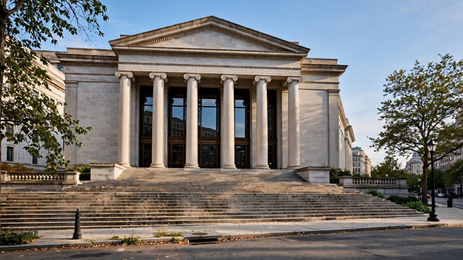 A neoclassical stone building with tall columns and a wide staircase under a clear sky