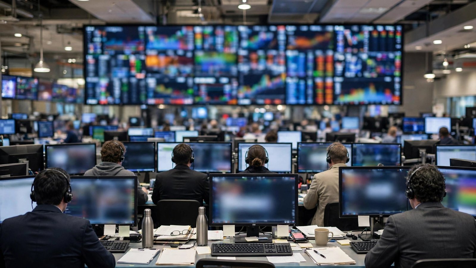 Traders seen from behind at desks facing large blurred market data screens