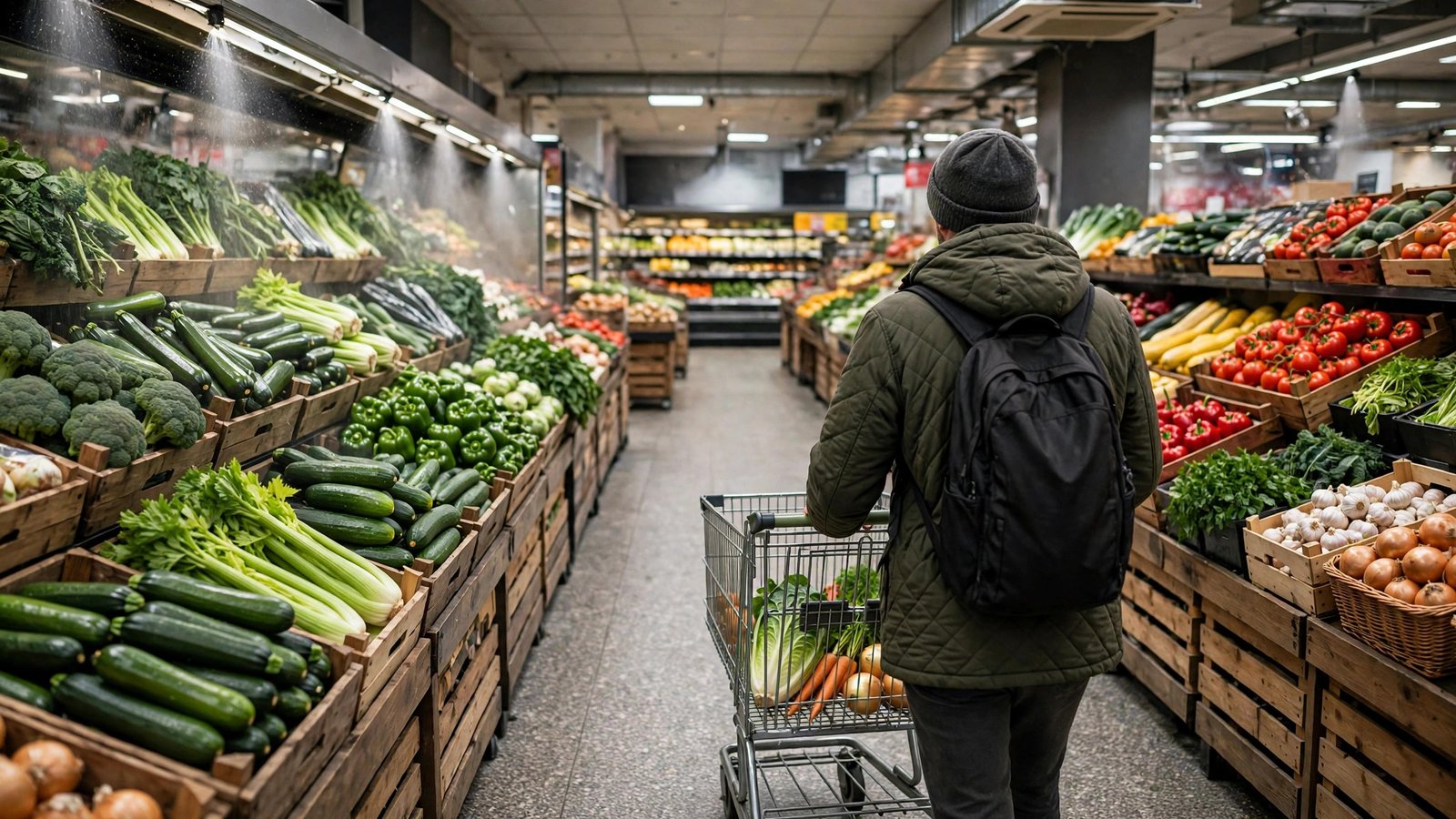 A shopper seen from behind pushing a cart through a supermarket produce aisle