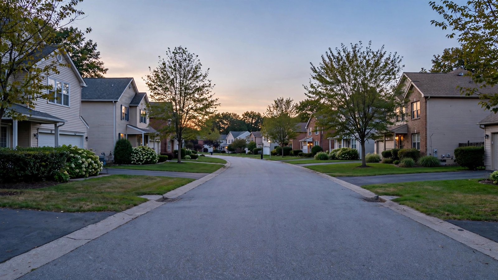 A quiet suburban street lined with detached houses and lawns in evening light
