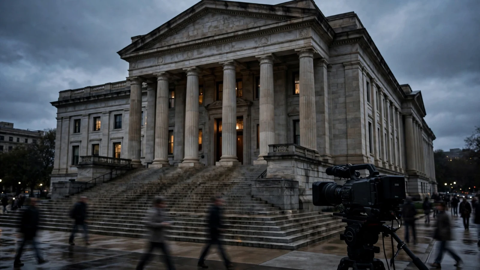 A federal courthouse with stone columns and wide steps at dusk, with a television news camera on a tripod in the foreground plaza and blurred pedestrians walking past.