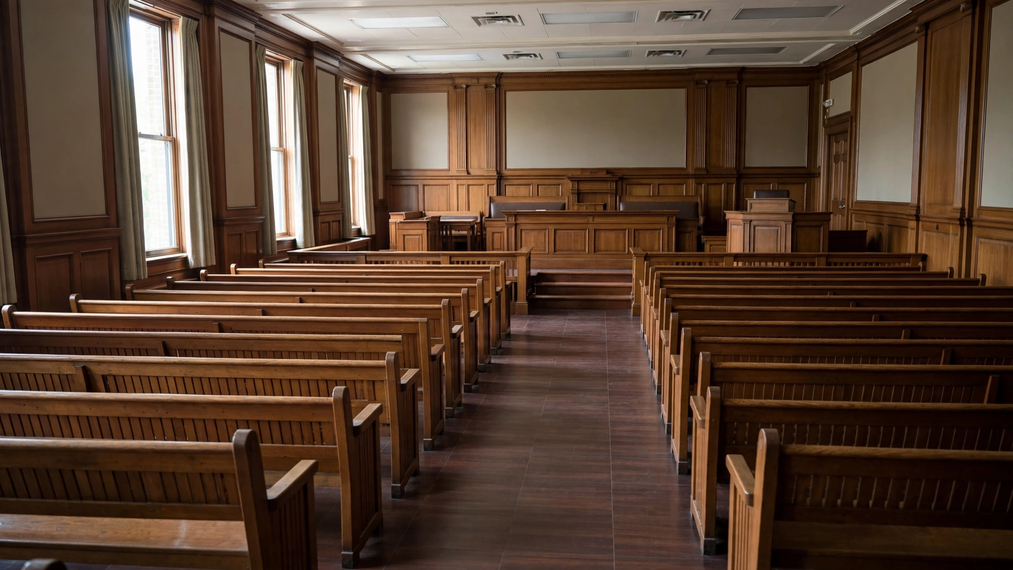 An empty courtroom with rows of wooden benches and a raised judge's bench at the front.