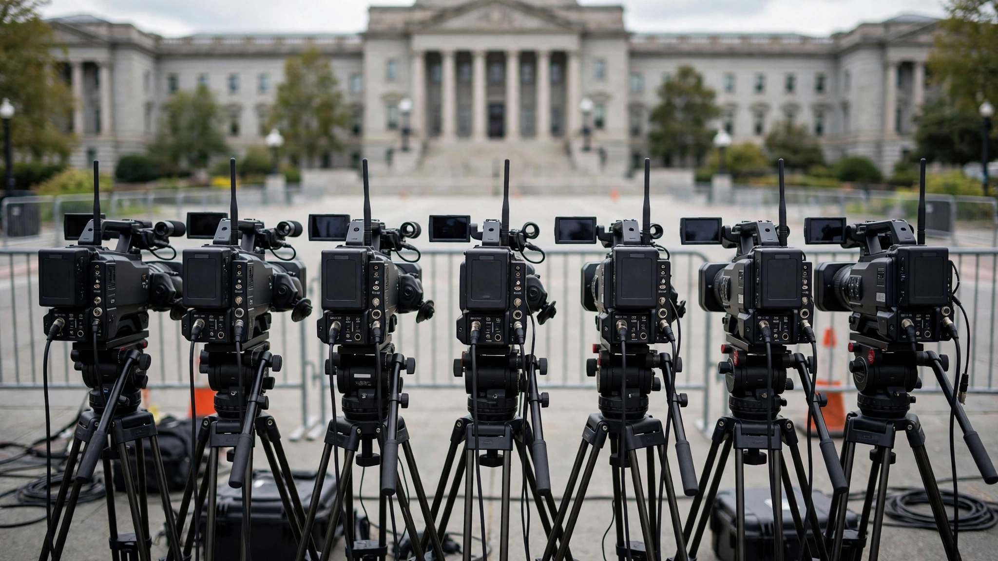 A row of television broadcast cameras on tripods set up in an outdoor press area near a government building.