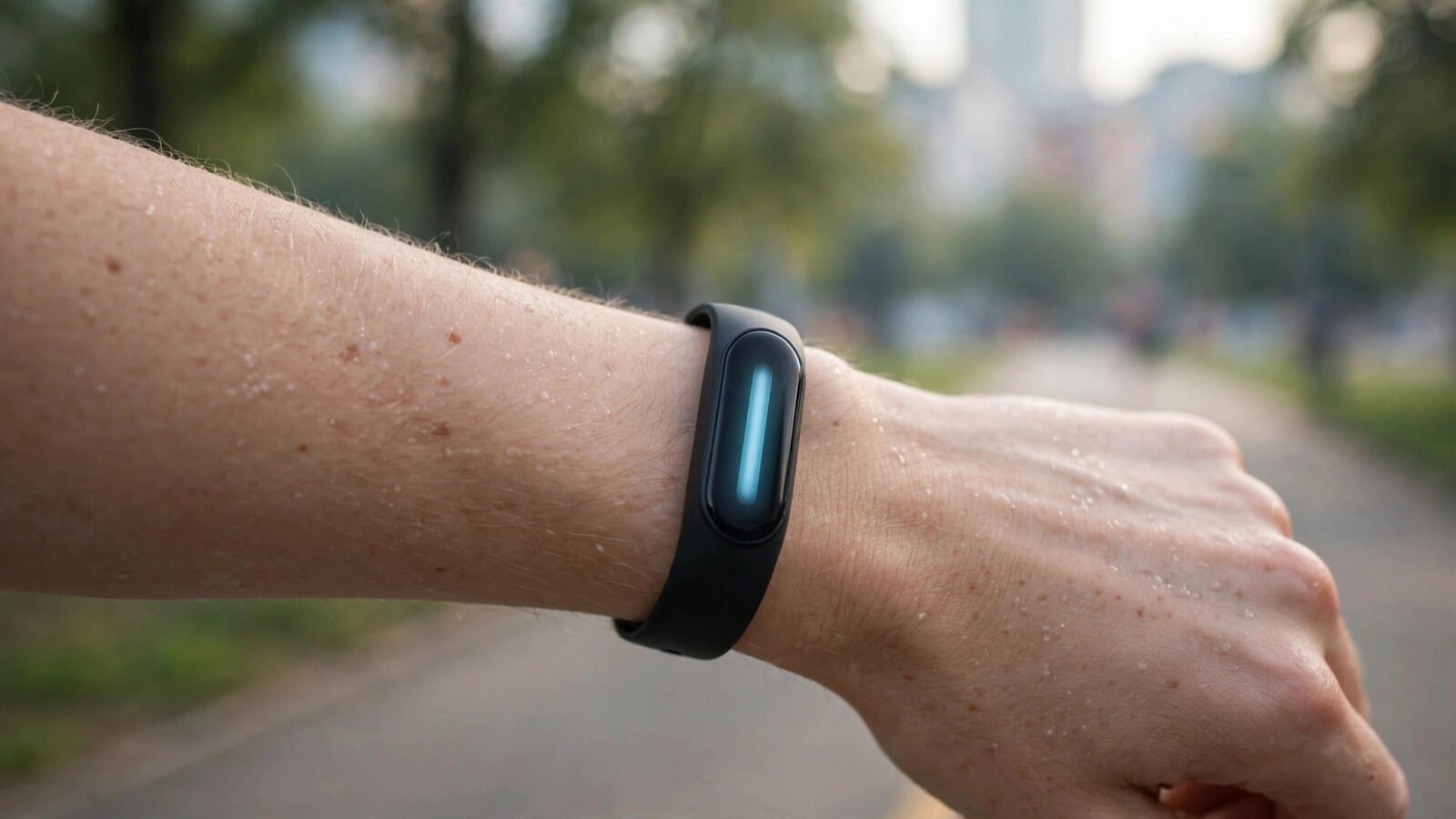 A slim fitness tracker with a glowing display worn on a runner's wrist outdoors.