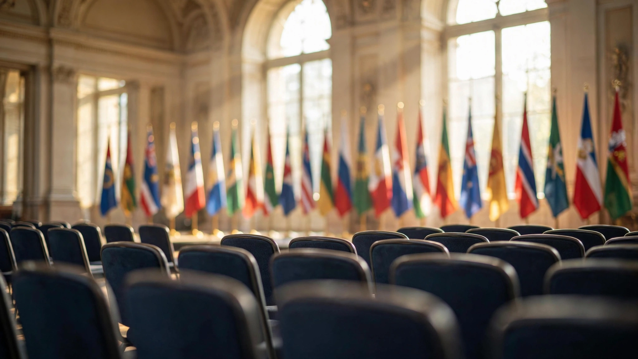 Rows of national flags standing in a grand conference hall, softly blurred behind empty chairs.