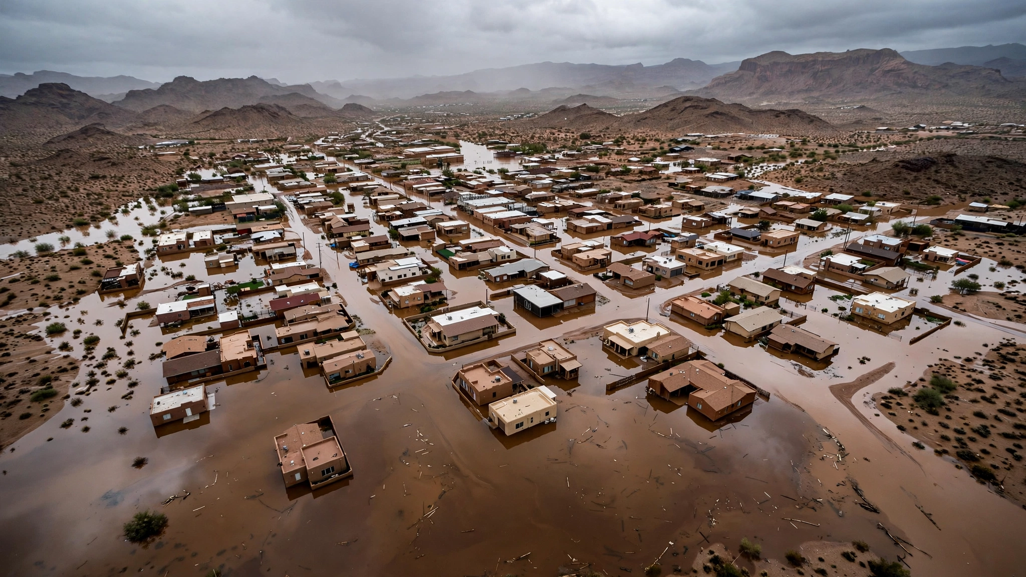 Aerial view of a desert town with brown floodwater surrounding rows of houses under a gray sky
