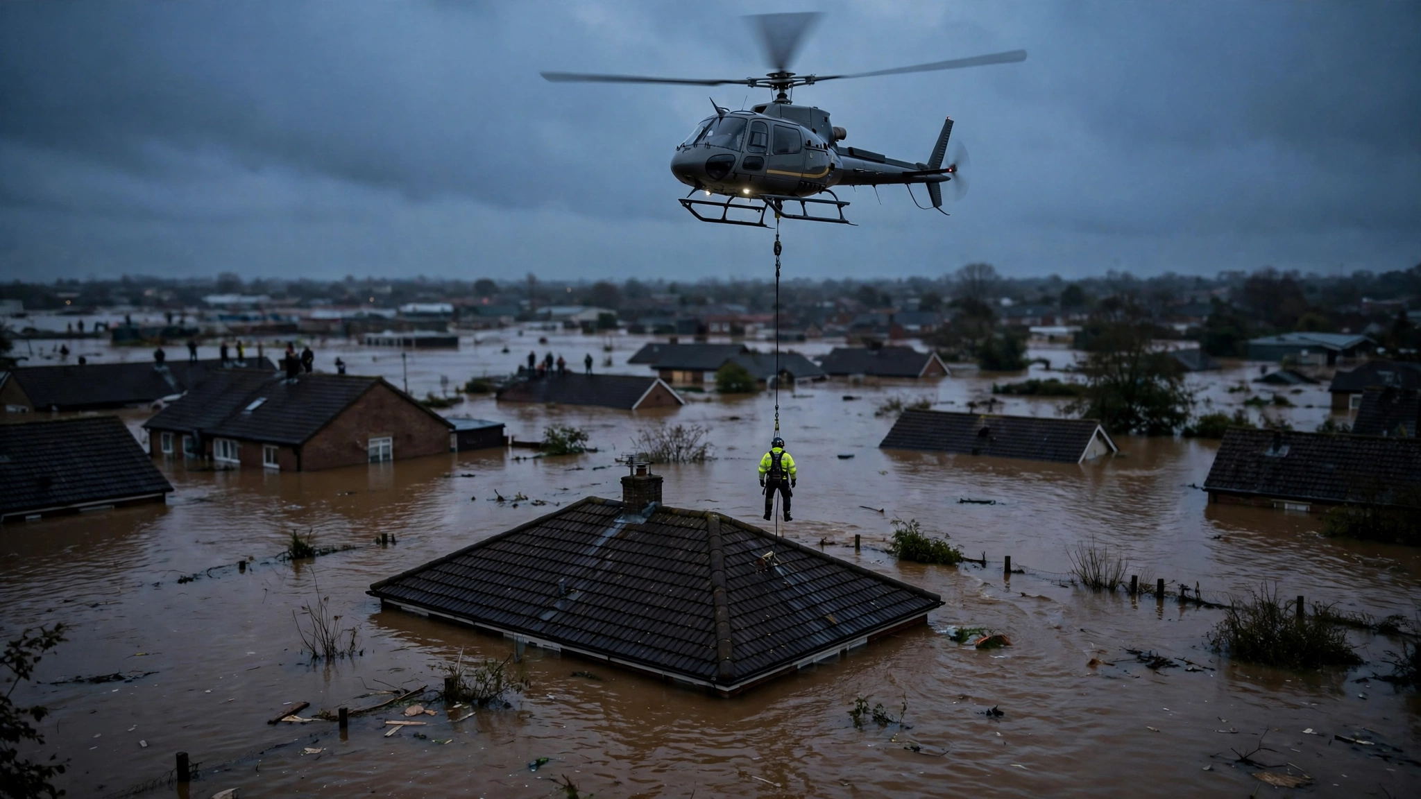 A rescue helicopter lowering a rescuer on a cable above flooded houses at dusk