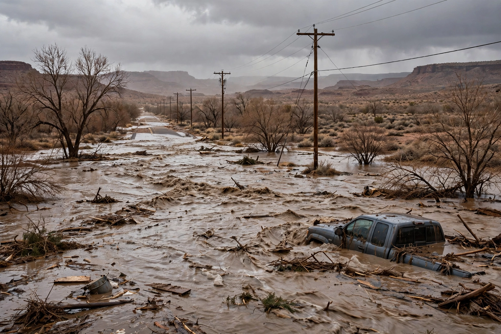 A desert road covered by fast-moving muddy floodwater with a partly submerged pickup truck and debris