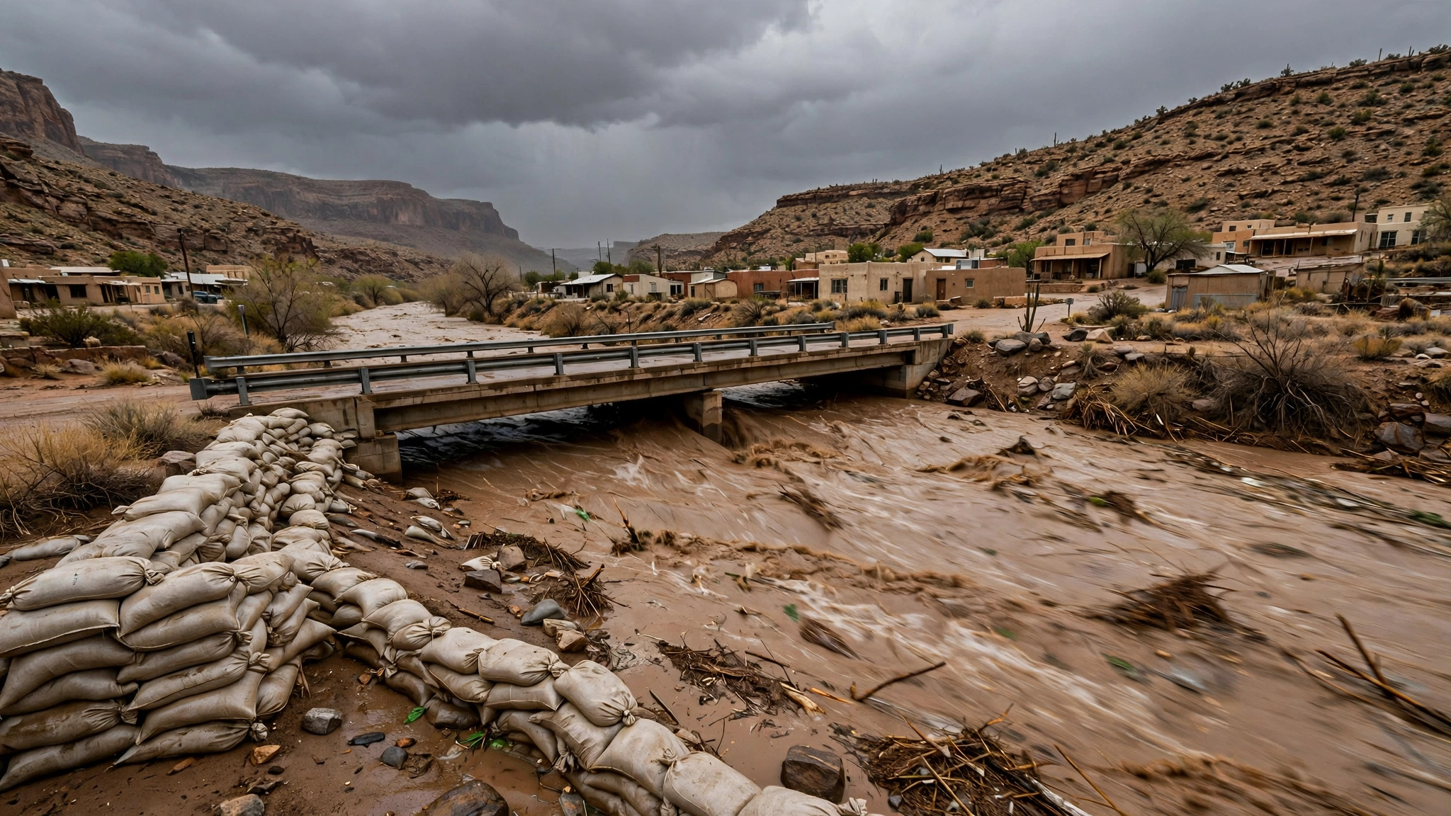 A swollen muddy river rushing under a bridge beside a wall of sandbags in a desert town