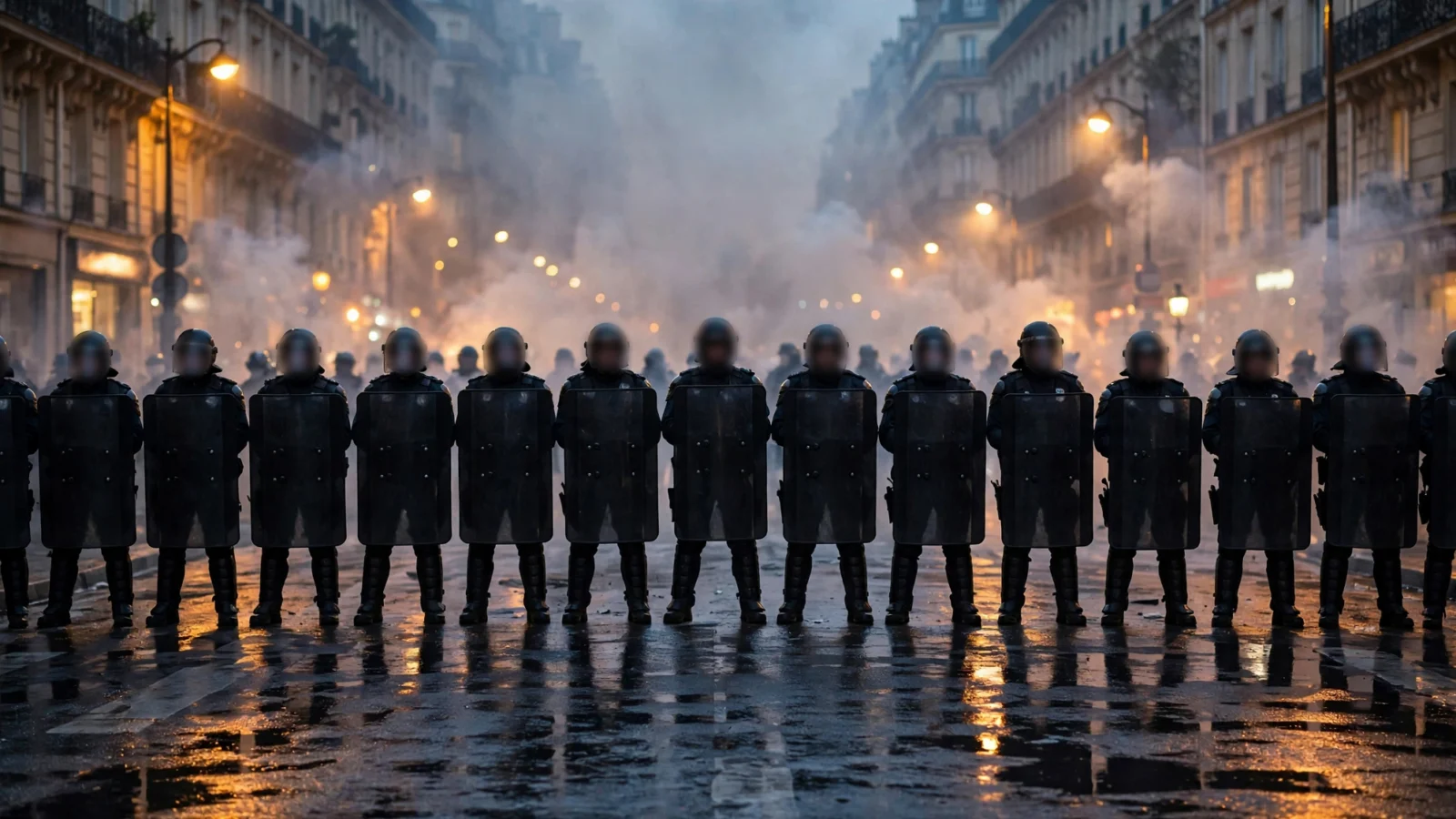 Riot police officers with shields standing in formation on a Paris street at dusk with smoke in the air