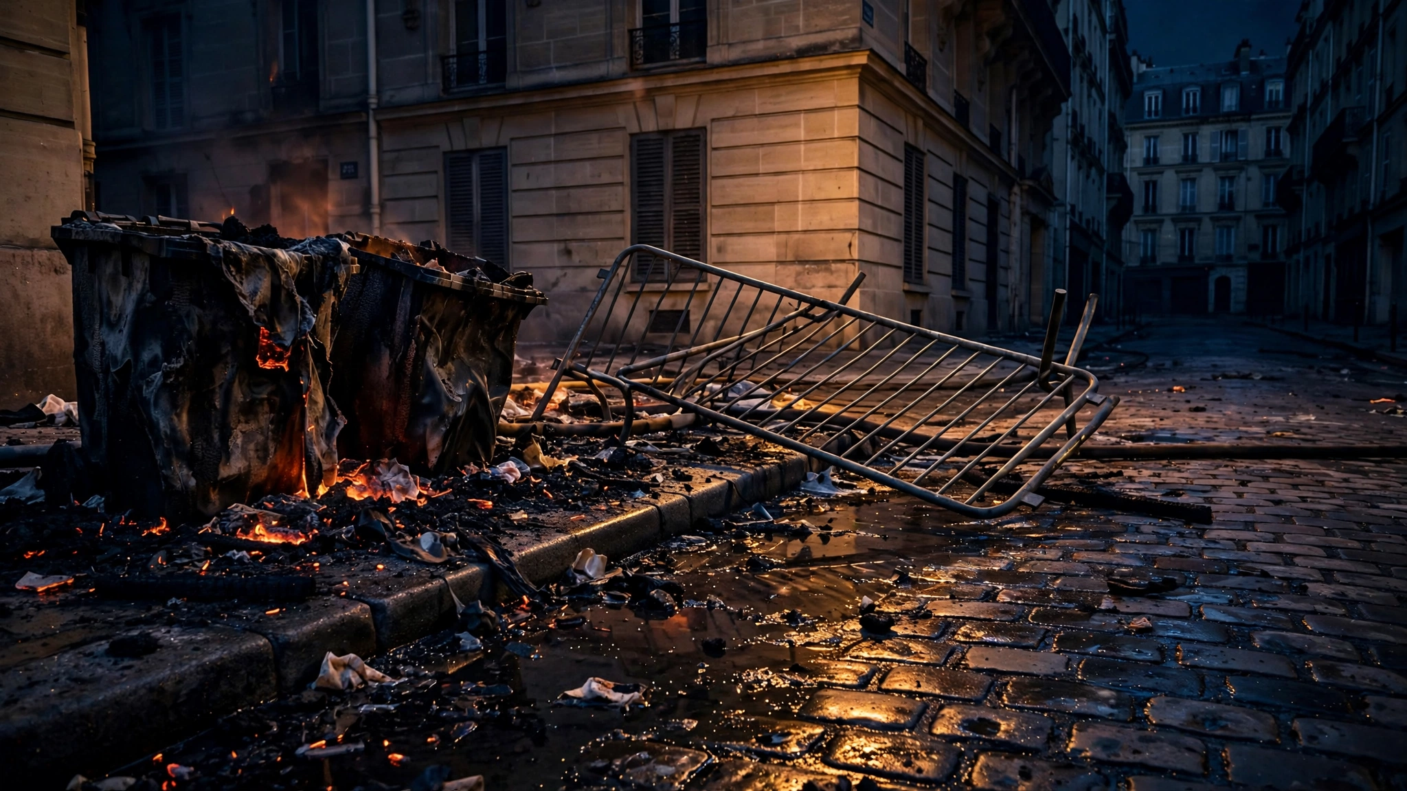 Burned trash bins and an overturned metal barricade on a Paris street at night