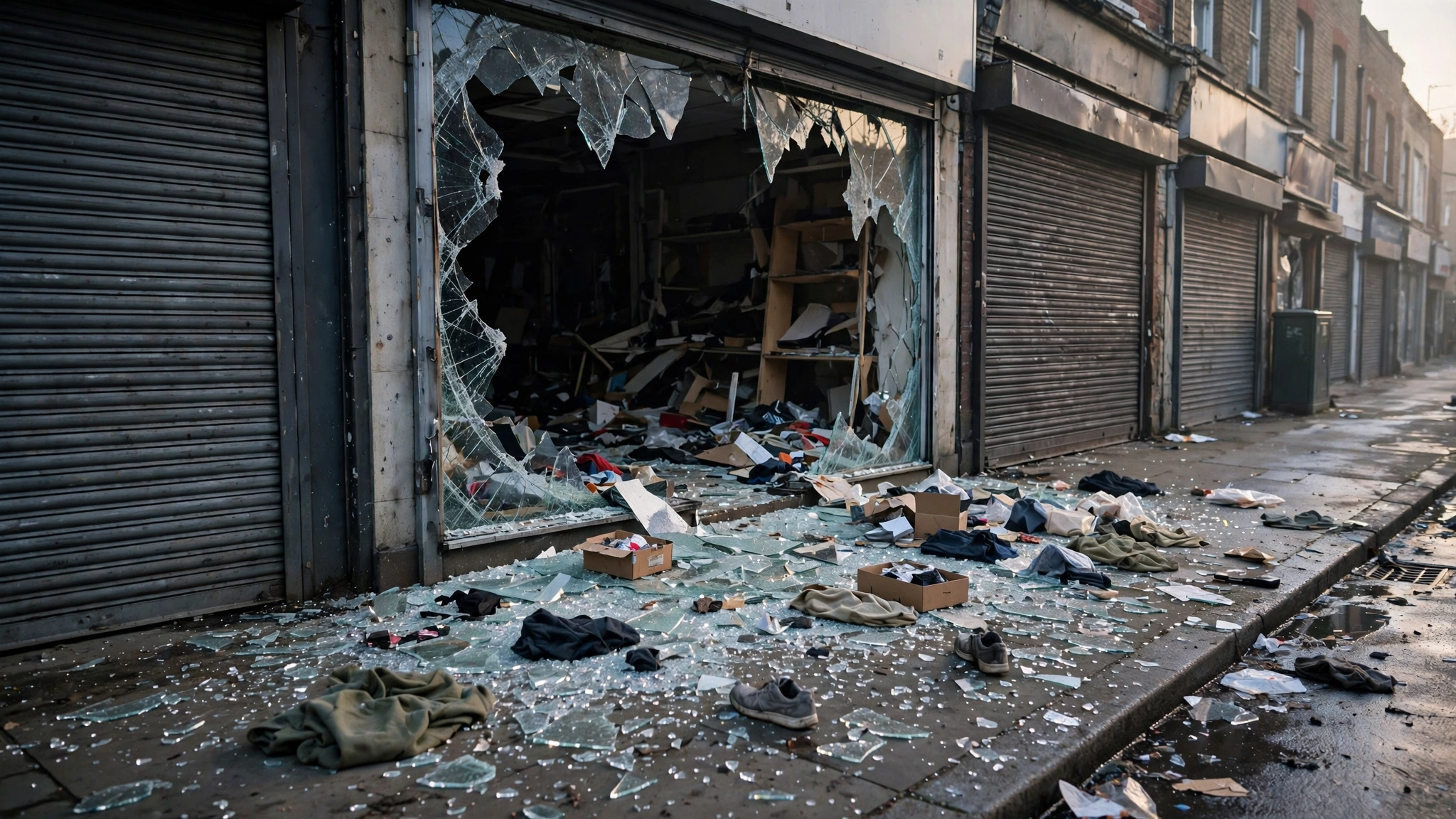 A looted shop with a shattered display window and merchandise scattered across the sidewalk