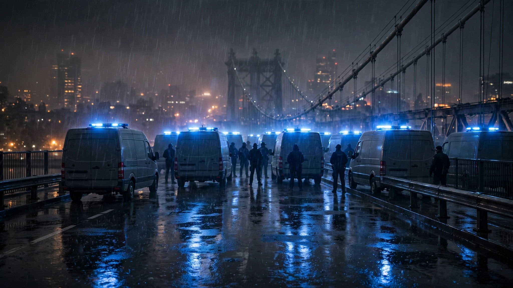 Police vans with flashing lights forming a cordon across a bridge at night