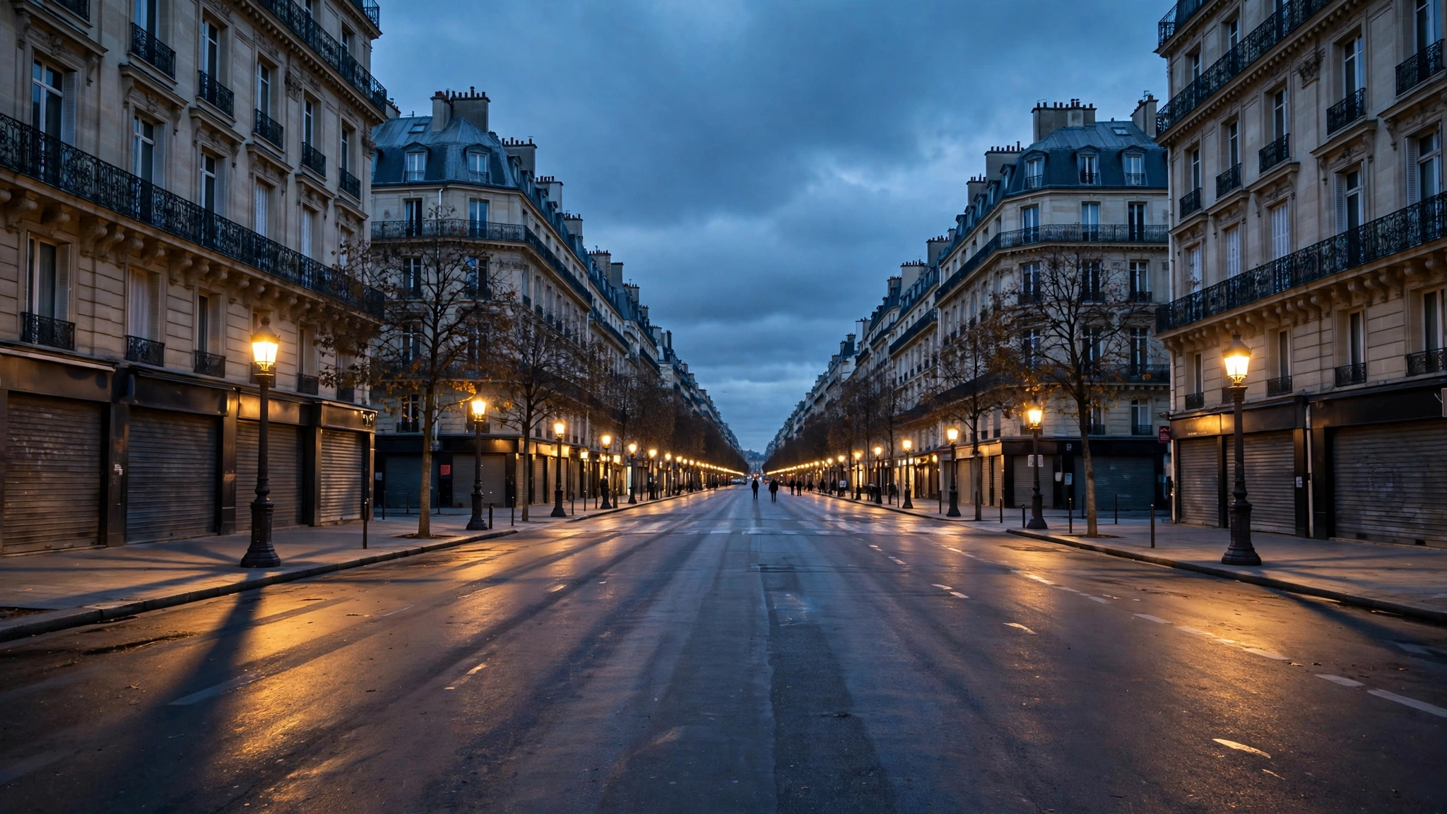 An empty Paris boulevard at dusk with shuttered shops under a curfew